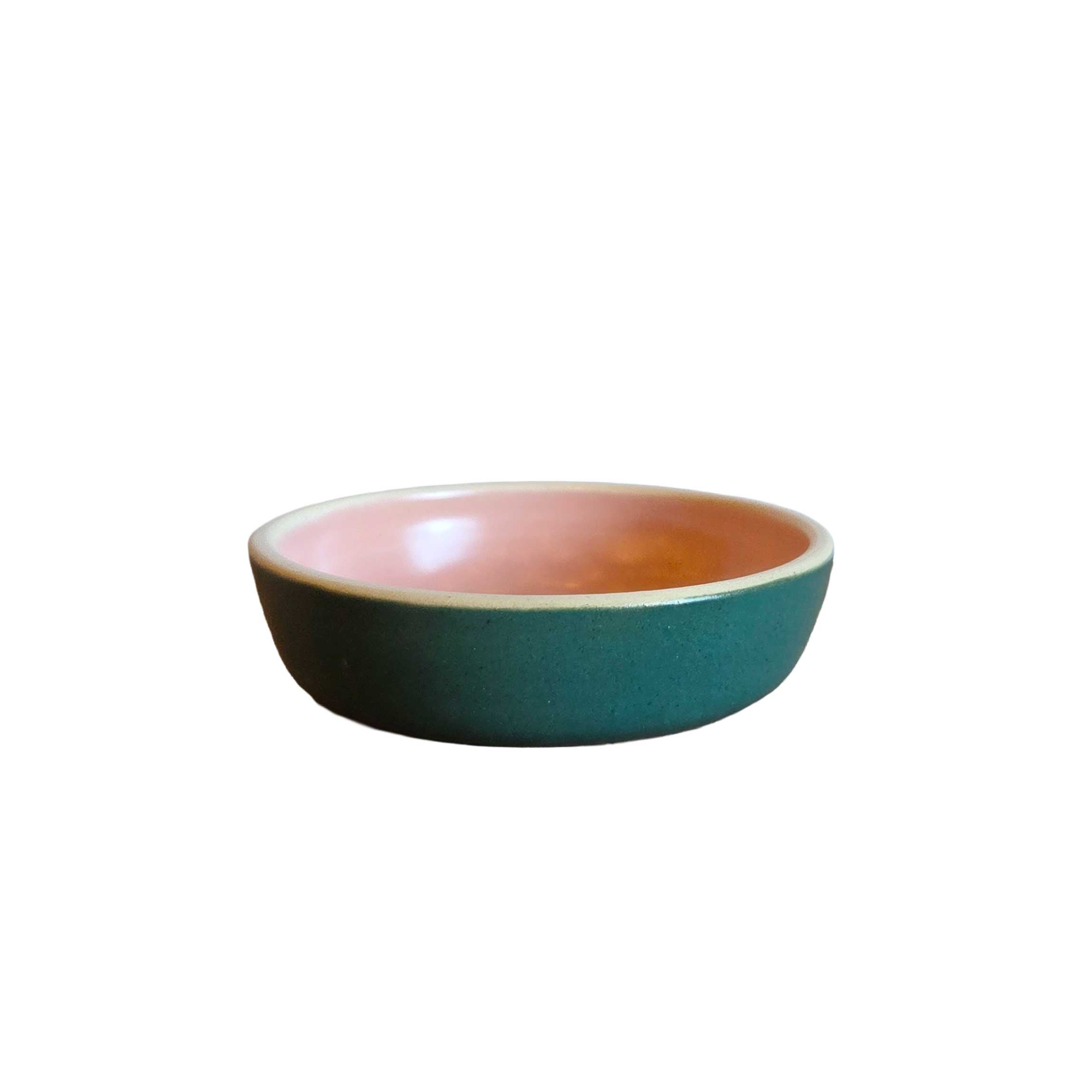 Handmade ceramic sauce bowl, 4x1 in, emerald green outside with rose-pink interior, stackable and perfect for dips or sauces.