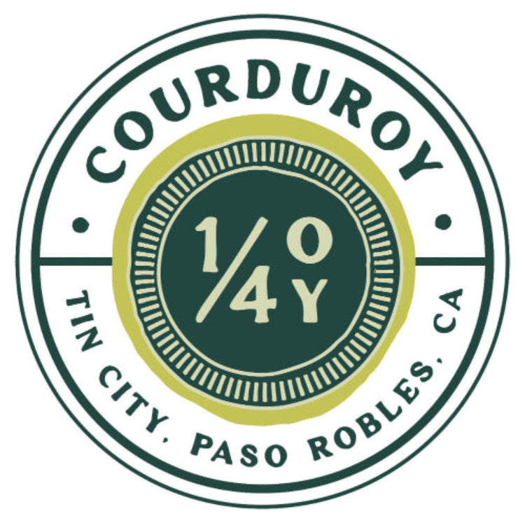 Circular logo with 'COURDUROY' text and '1/0/4Y' design, featuring green and yellow colors on a white background.