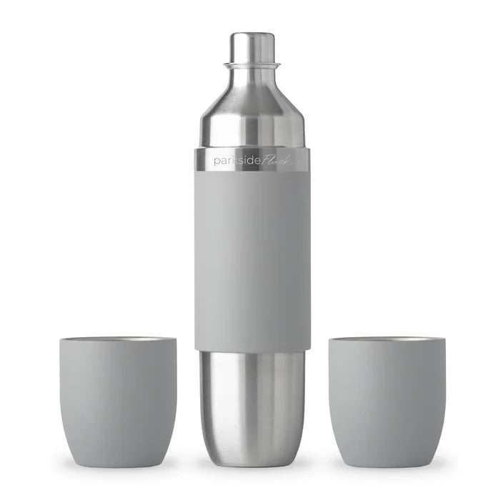 750ml insulated stainless steel flask in parasol gray with 2 magnetic tumblers, ideal for sharing drinks outdoors.