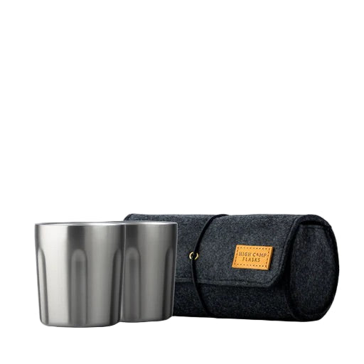 Stainless steel Firelight tumbler 2-pack, 10.5oz each, with wool felt carrying case, great for travel or outdoor sipping.
