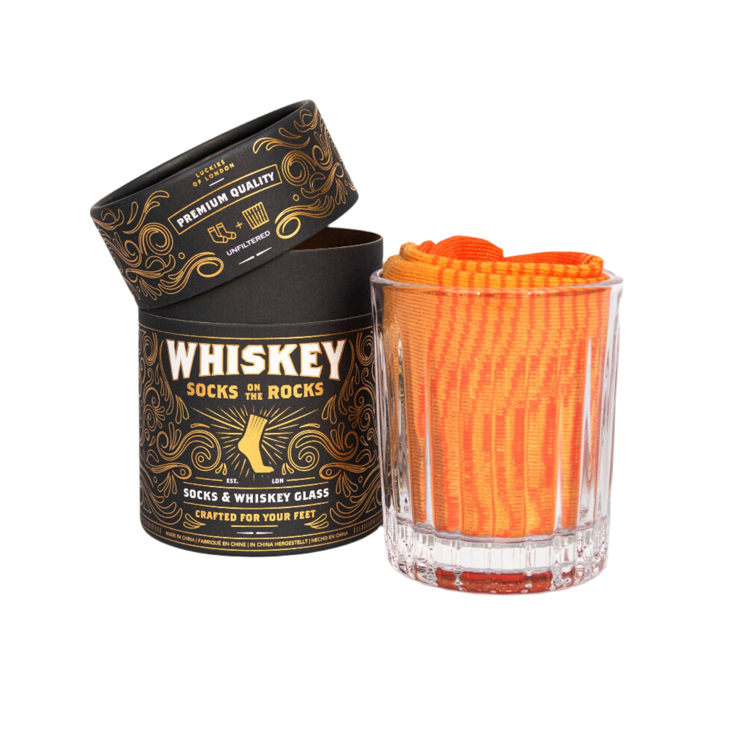 Whiskey Socks on the Rocks gift set with retro socks packaged inside a whiskey glass for a fun, classy look.