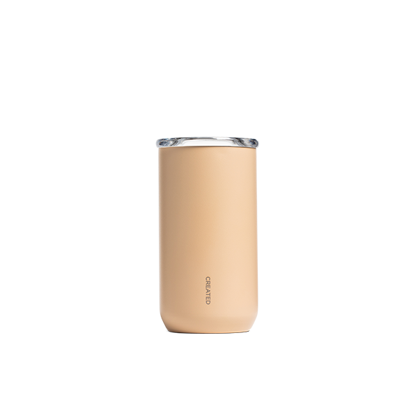 Reusable tumbler in desert tan, 12oz insulated design for daily use, ideal for hot or cold drinks on the go.