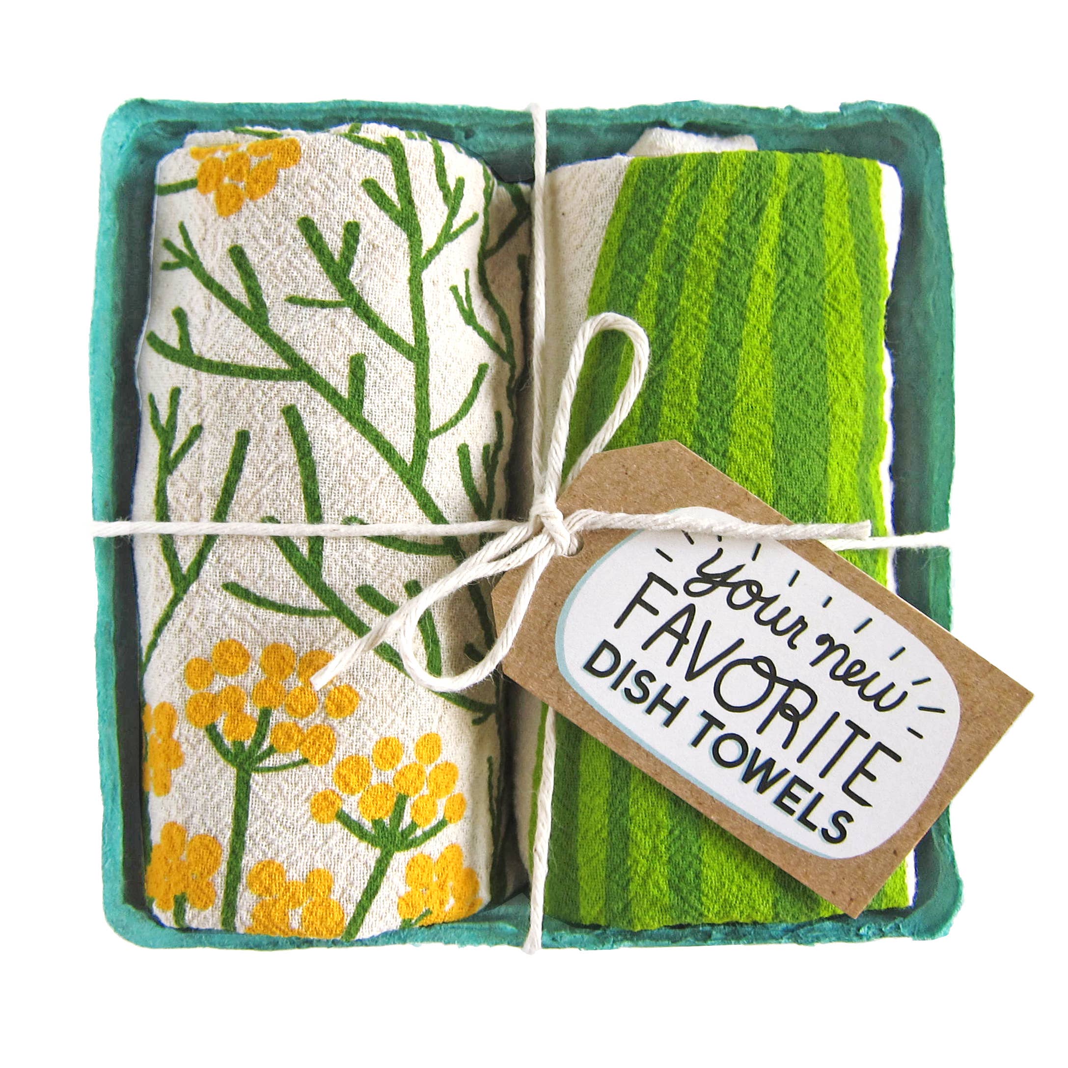 Pair of cotton tea towels with dill blossoms and a fun pickle design, eco-friendly, packed in a produce-style container.