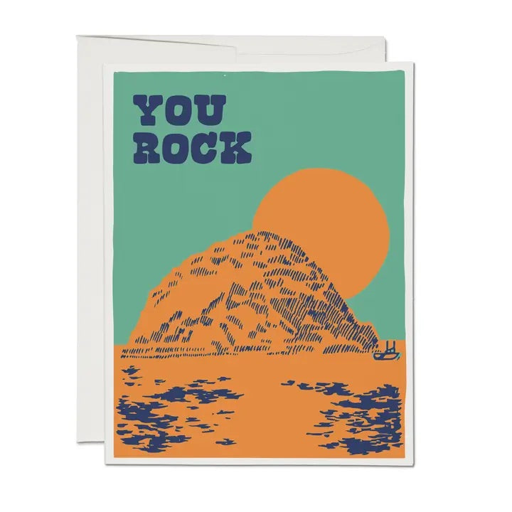Retro style card with Morro Rock illustrated in the middle "You rock", perfect for celebrations and birthdays. blank inside