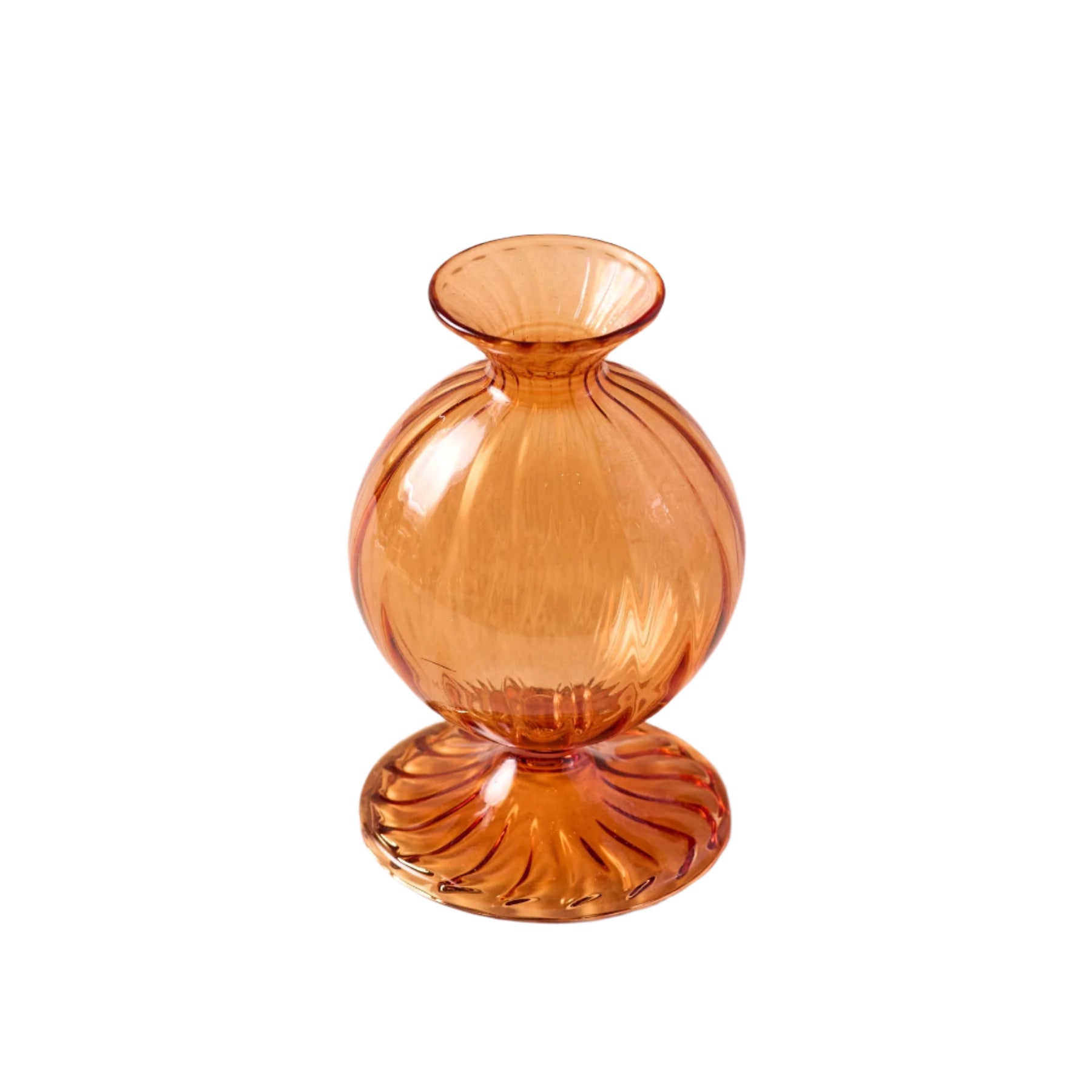 Hand-molded borosilicate glass bud vase with an amber orange rich hue, perfect for small flower stems or pop of color decor
