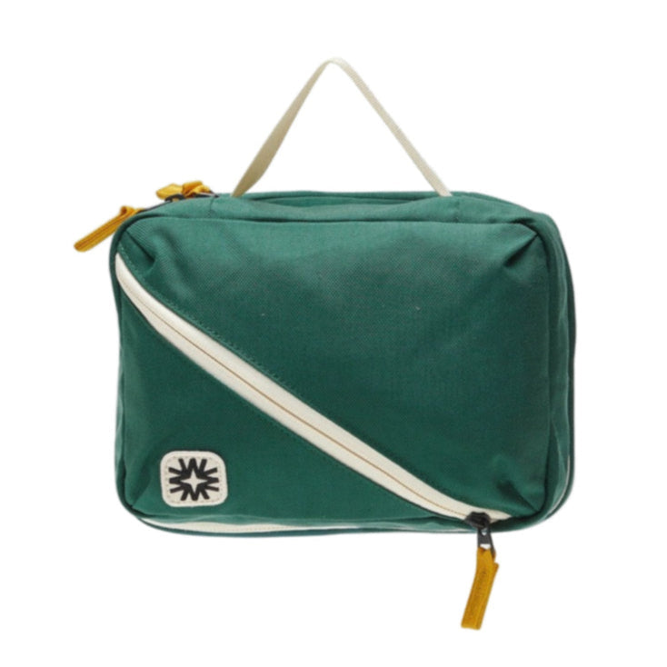 Forest green toned canvas toiletry pack dual main compartments and small front organizers. Perfect for traveling and camping.