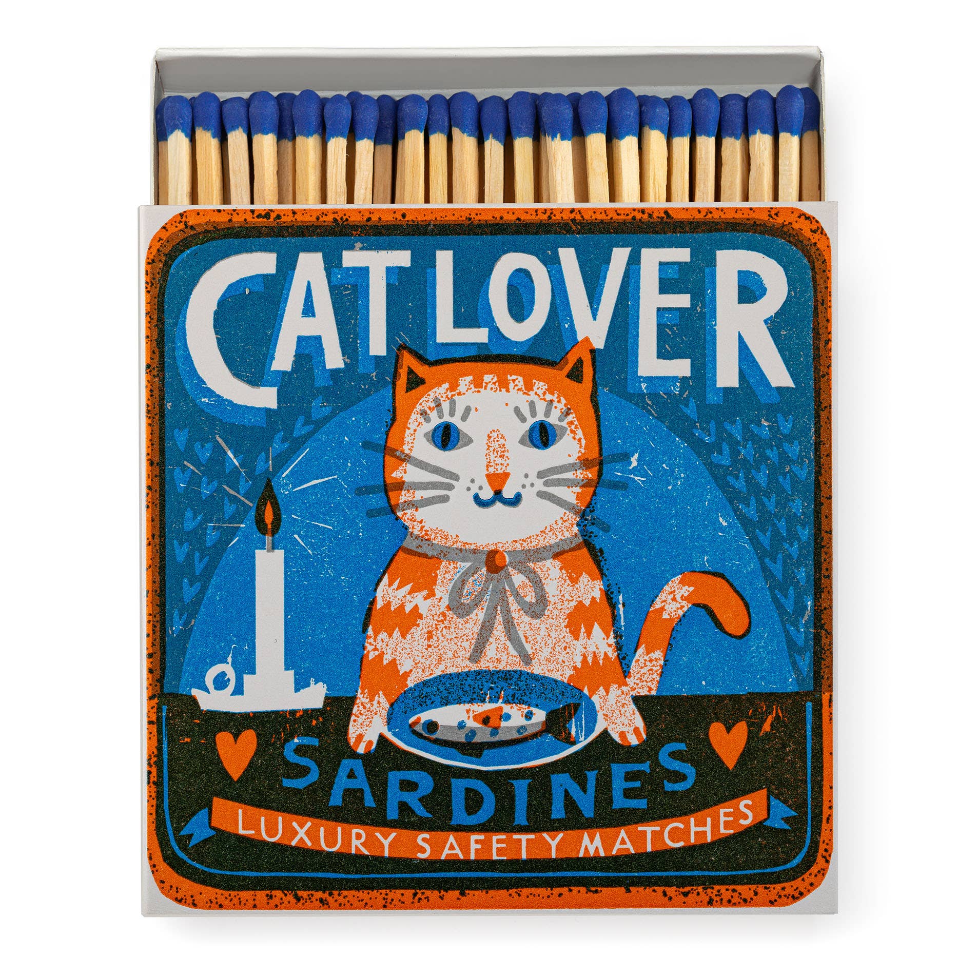Cat & sardines matchbox with vibrant blue, orange, and white design, filled with long strike-on-box matches. Perfect for any cat lover!
