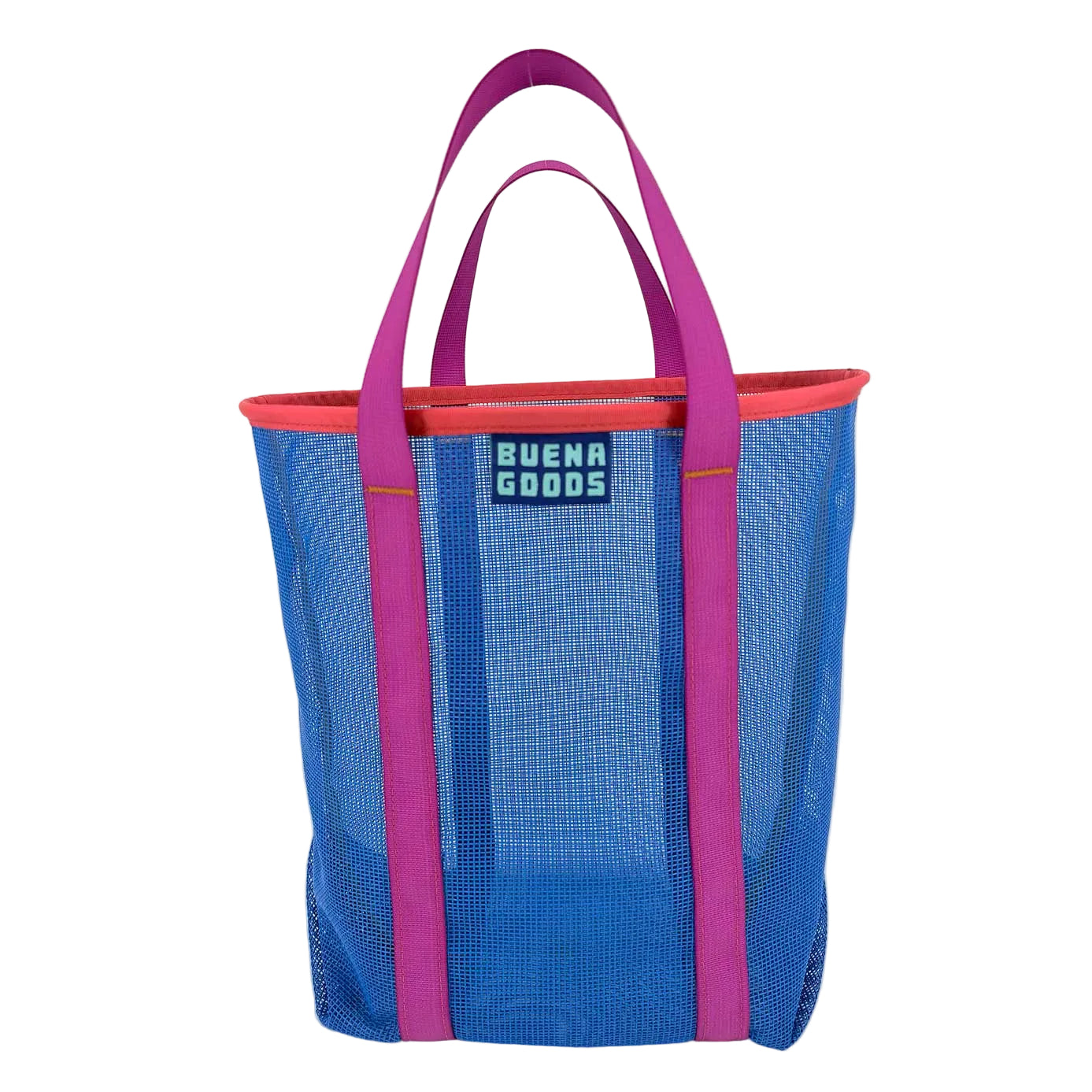 Blue mesh tote bag with pink handles and trim on a white background