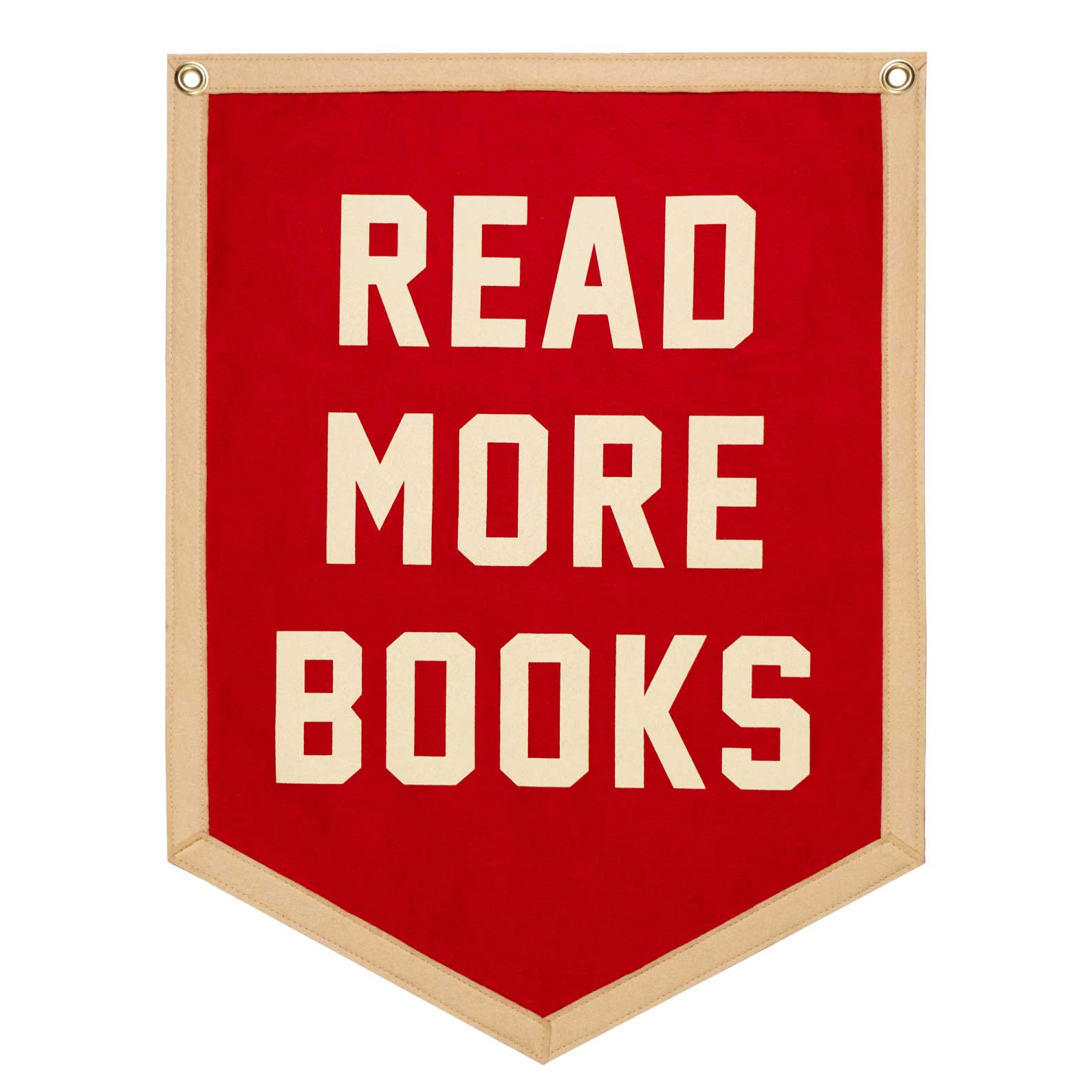 Red banner with white boarder. "Read More Books" written in white down the middle