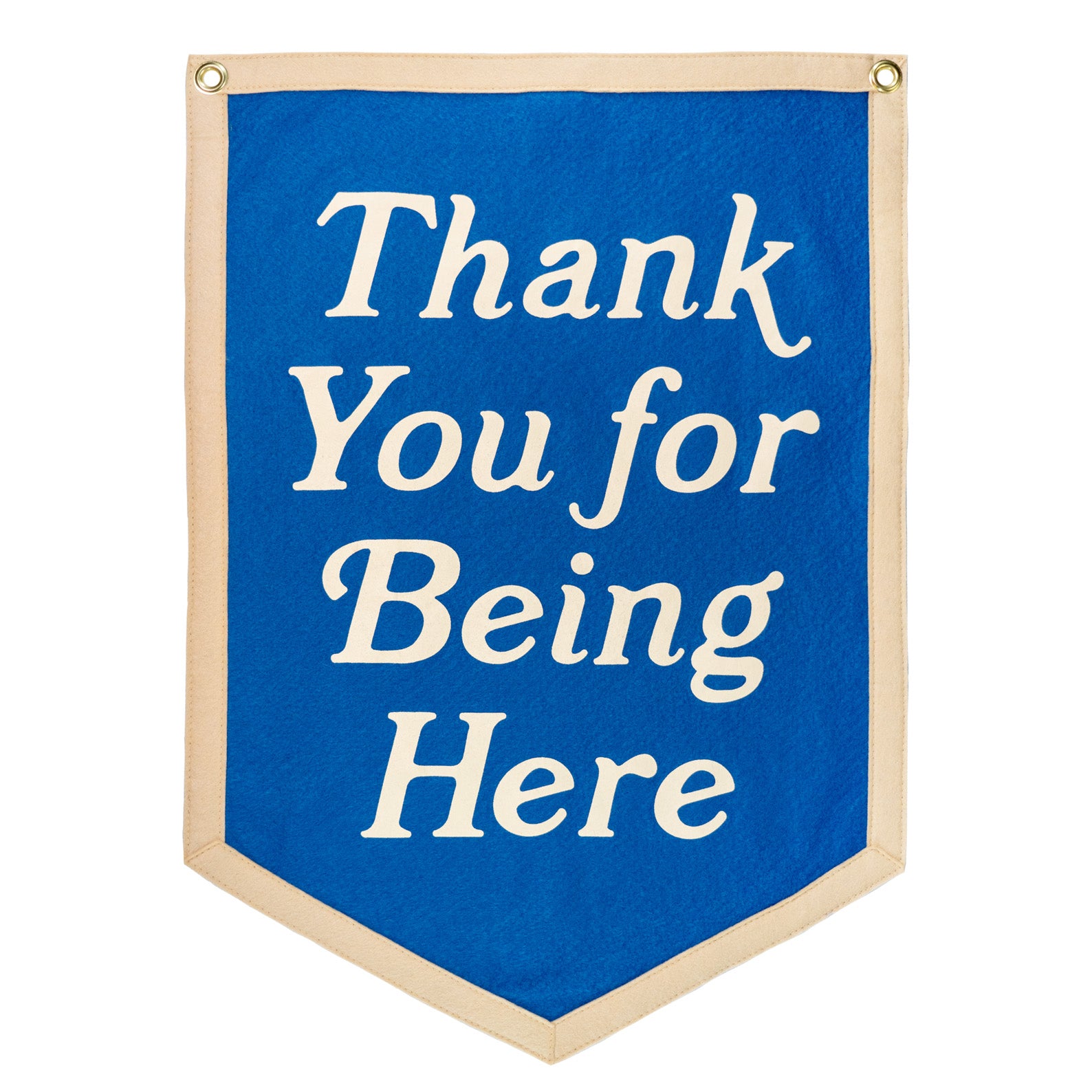 Blue banner with white boarder. "Thank You For Being Here" written in white in the middle