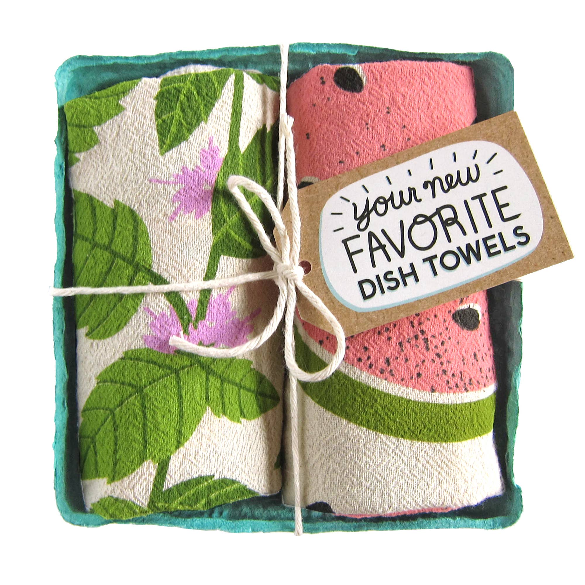 Pair of cotton tea towels with mint leaf and watermelon prints, eco-friendly, packed in a produce-style container. Perfect for any gift.
