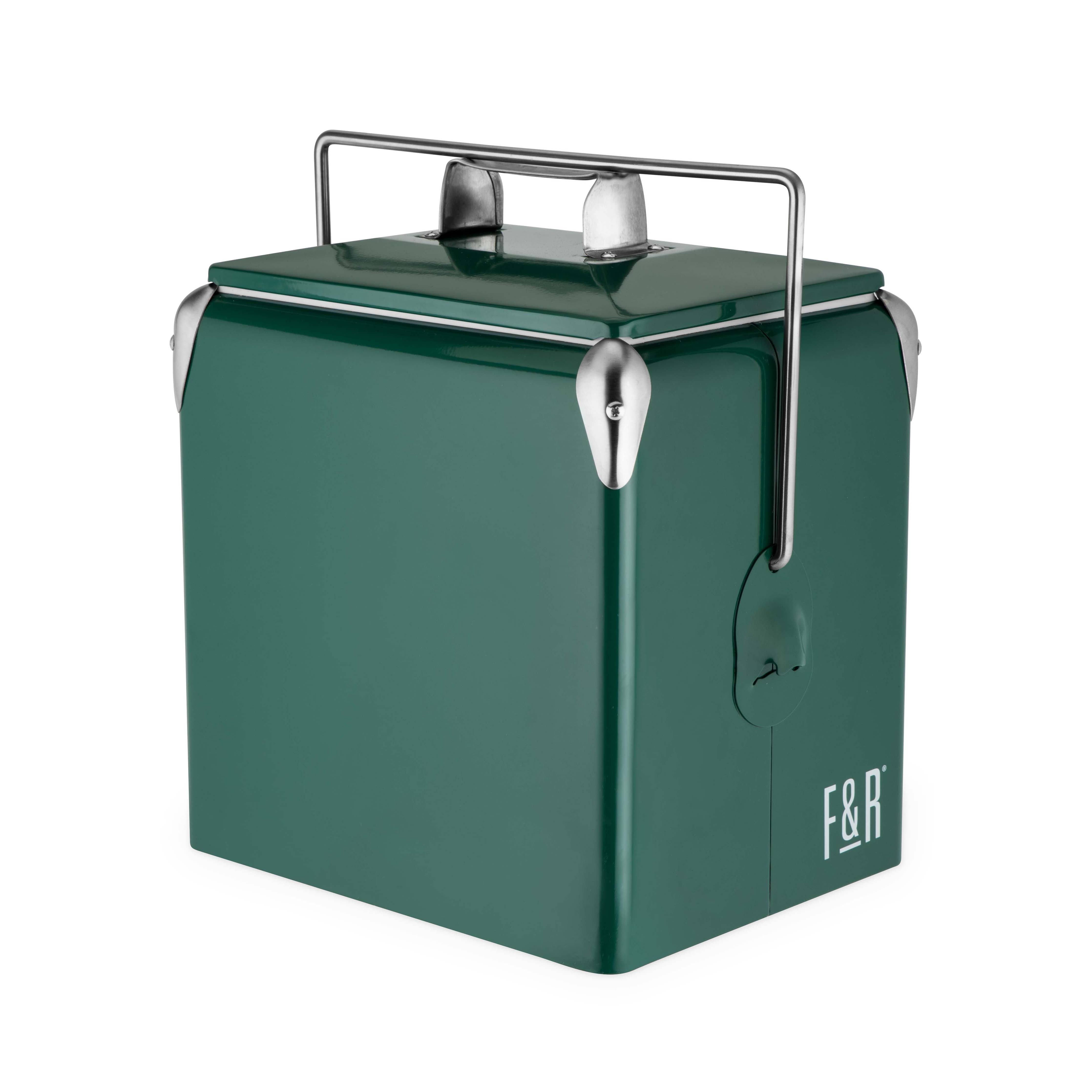 Durable stainless steel cooler, holds 6 bottles or 12 cans, comes in a forest green color.