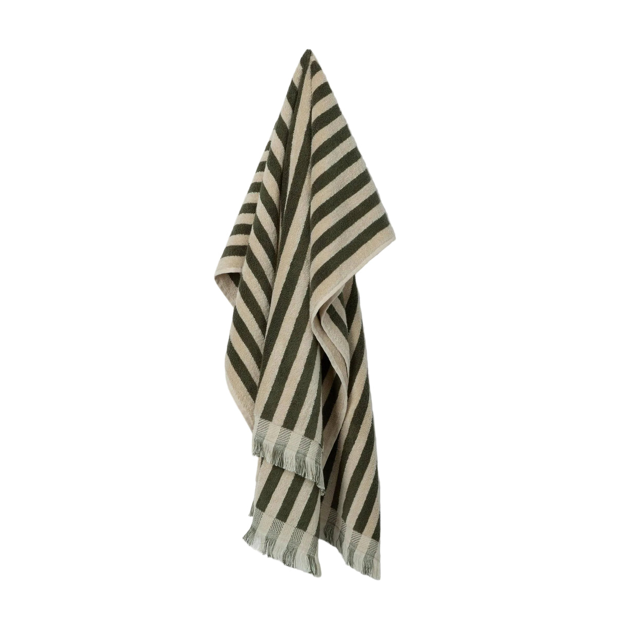 Striped towel with green and beige pattern on a white background