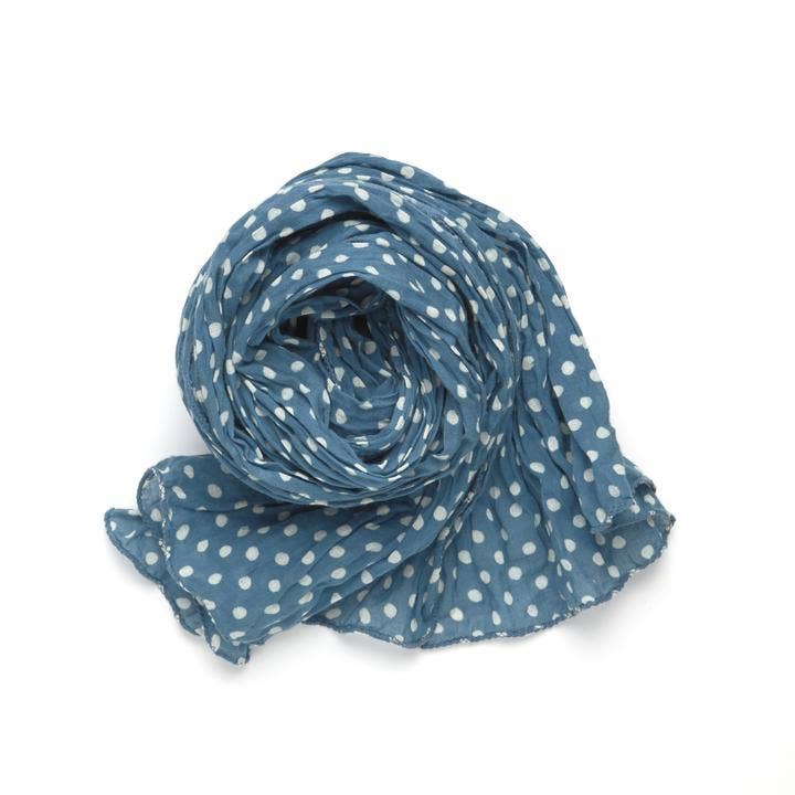 Fair trade made Dabu polka dot scarf in cerulean teal and white, 20x80 inches, hand-printed with a lightweight drape.