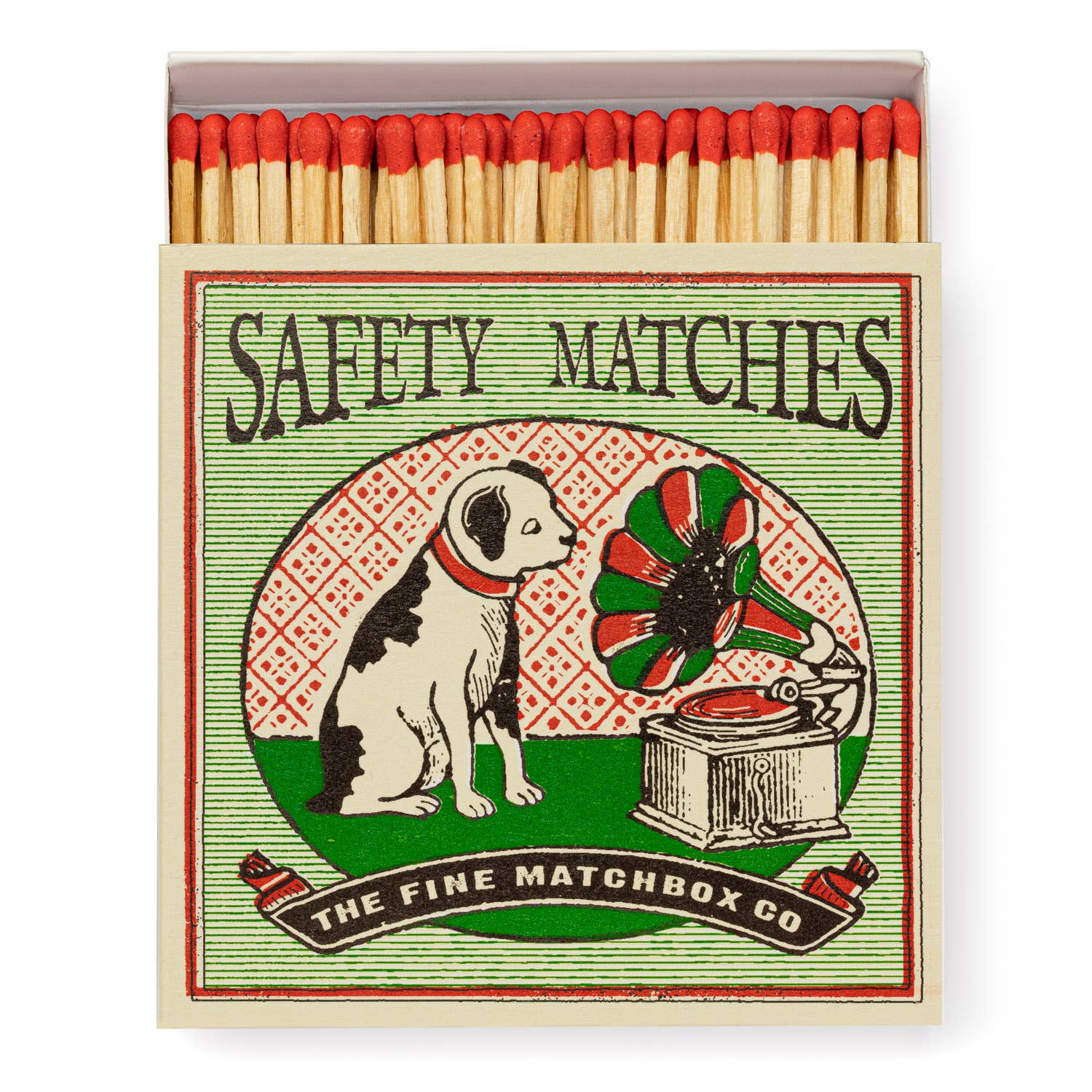 Vintage dog and gramophone matchbox filled with luxury safety matches, perfect for gifting or candle lighting.