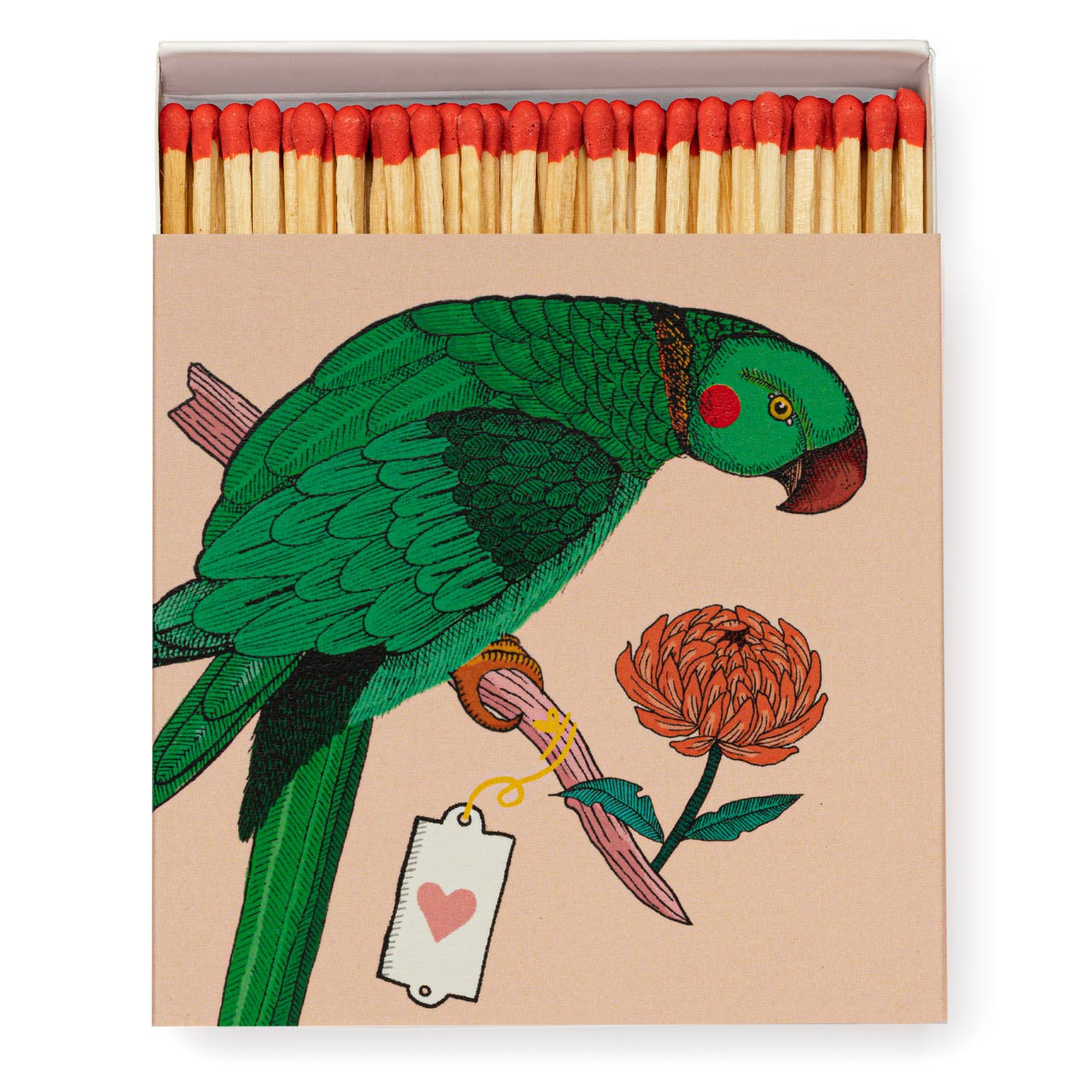 Green parrot matchbox with floral illustration, filled with long strike-on-box matches for safe candle lighting.