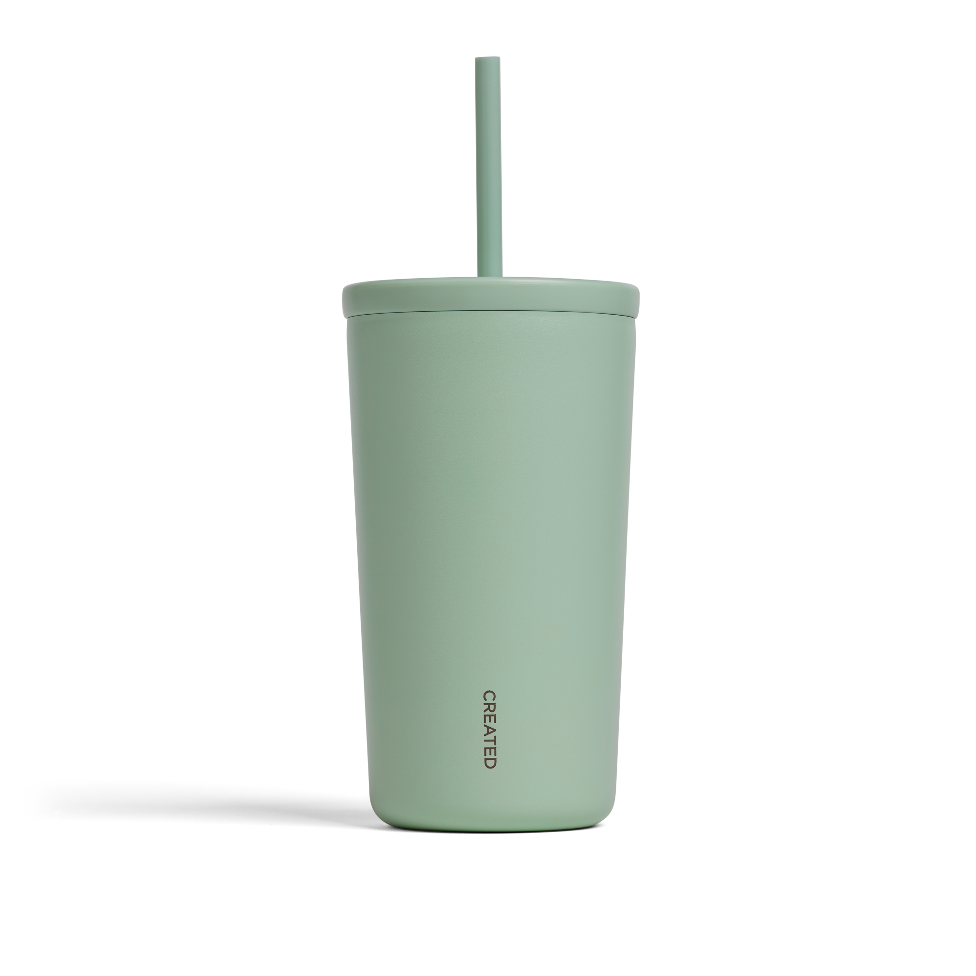 A matte sage green insulated tumbler with a matching lid and straw, set against a plain white background.