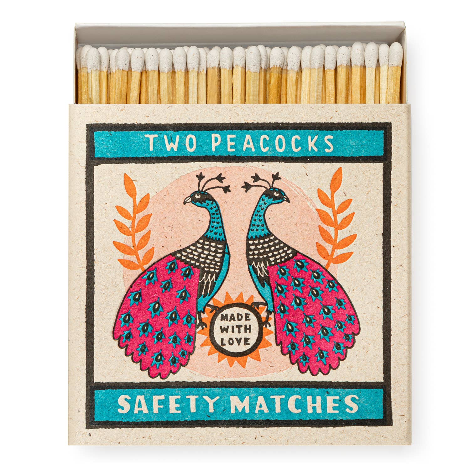 Artistic peacock matchbox in bold pink, teal, and orange with ‘Made with Love’ text, filled with long safety matches.