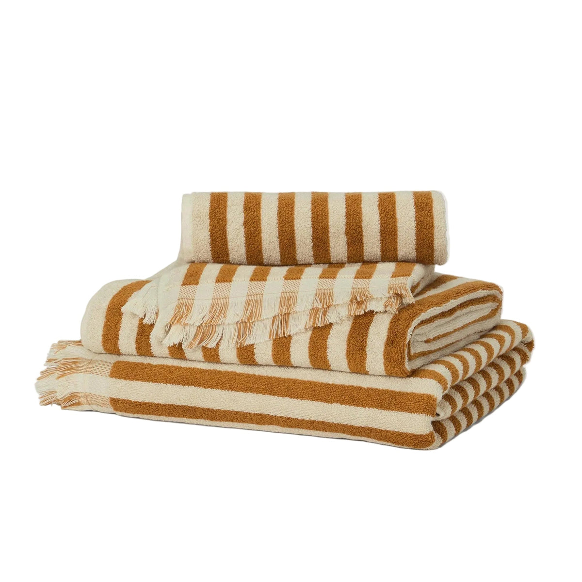 Stack of striped towels in brown and natural on a white background