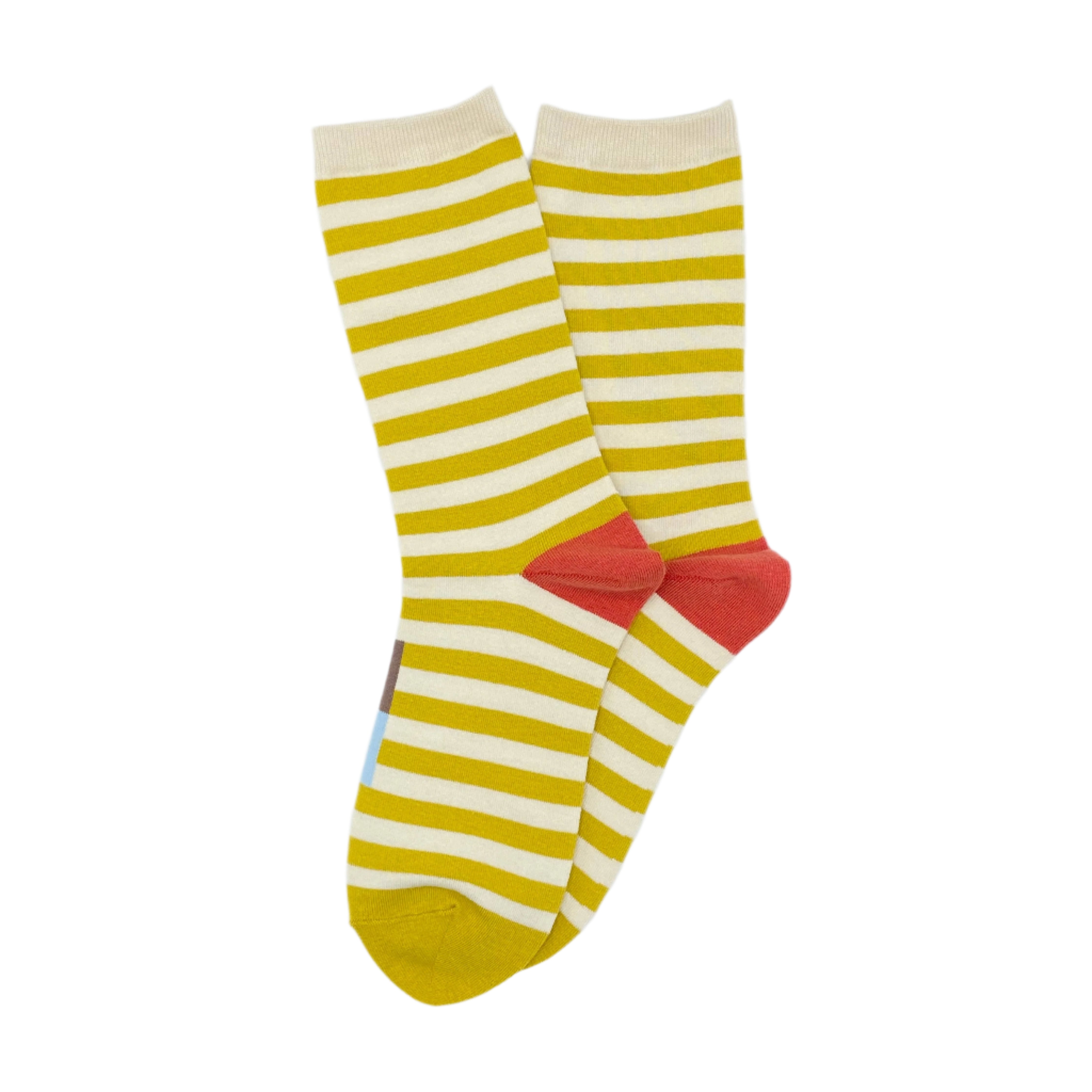 Crew socks with golden yellow and white stripes, bold red heel, and signature color bar detail for a vibrant touch.