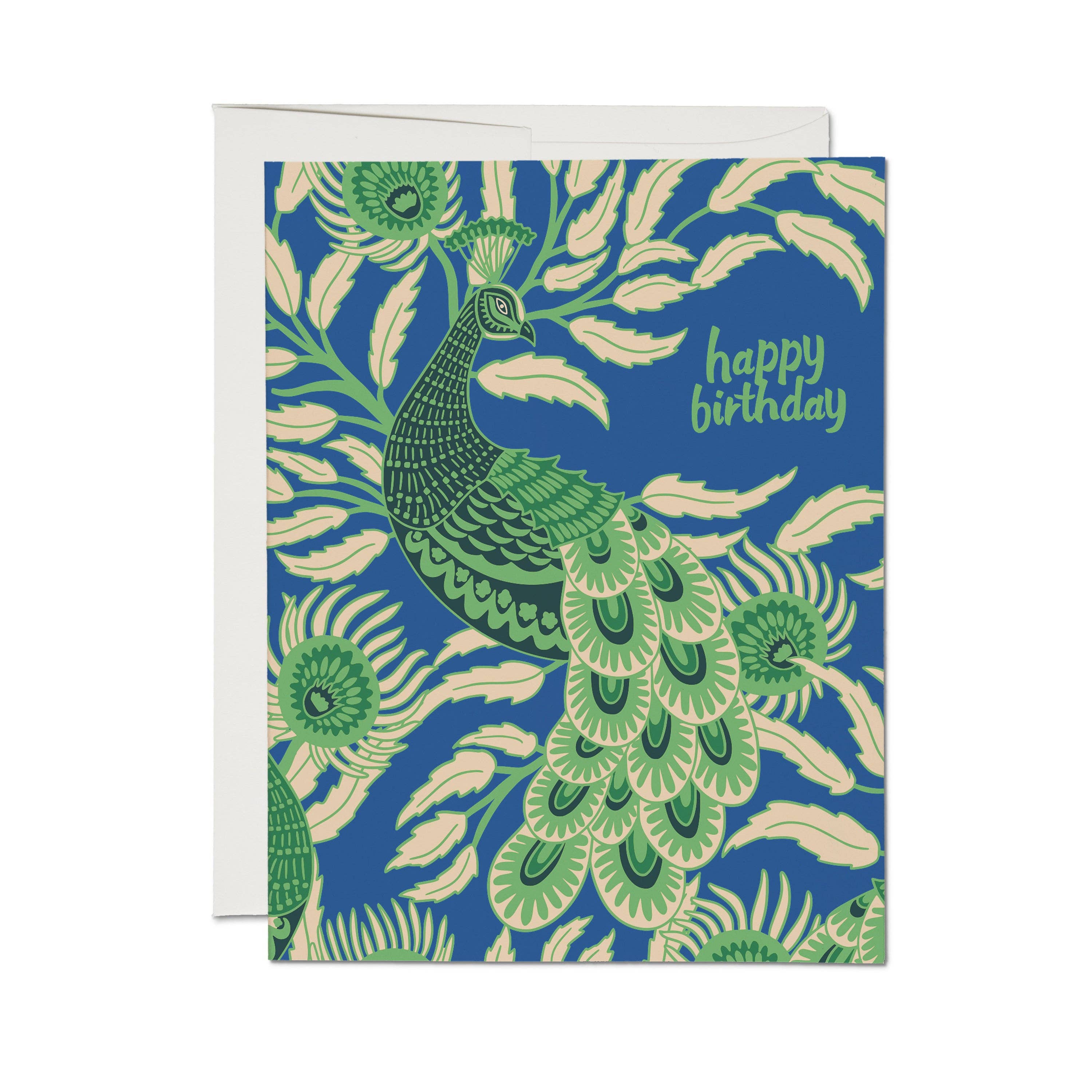 Greeting card with a green peacock design on a blue background, featuring the text 'Happy Birthday'.