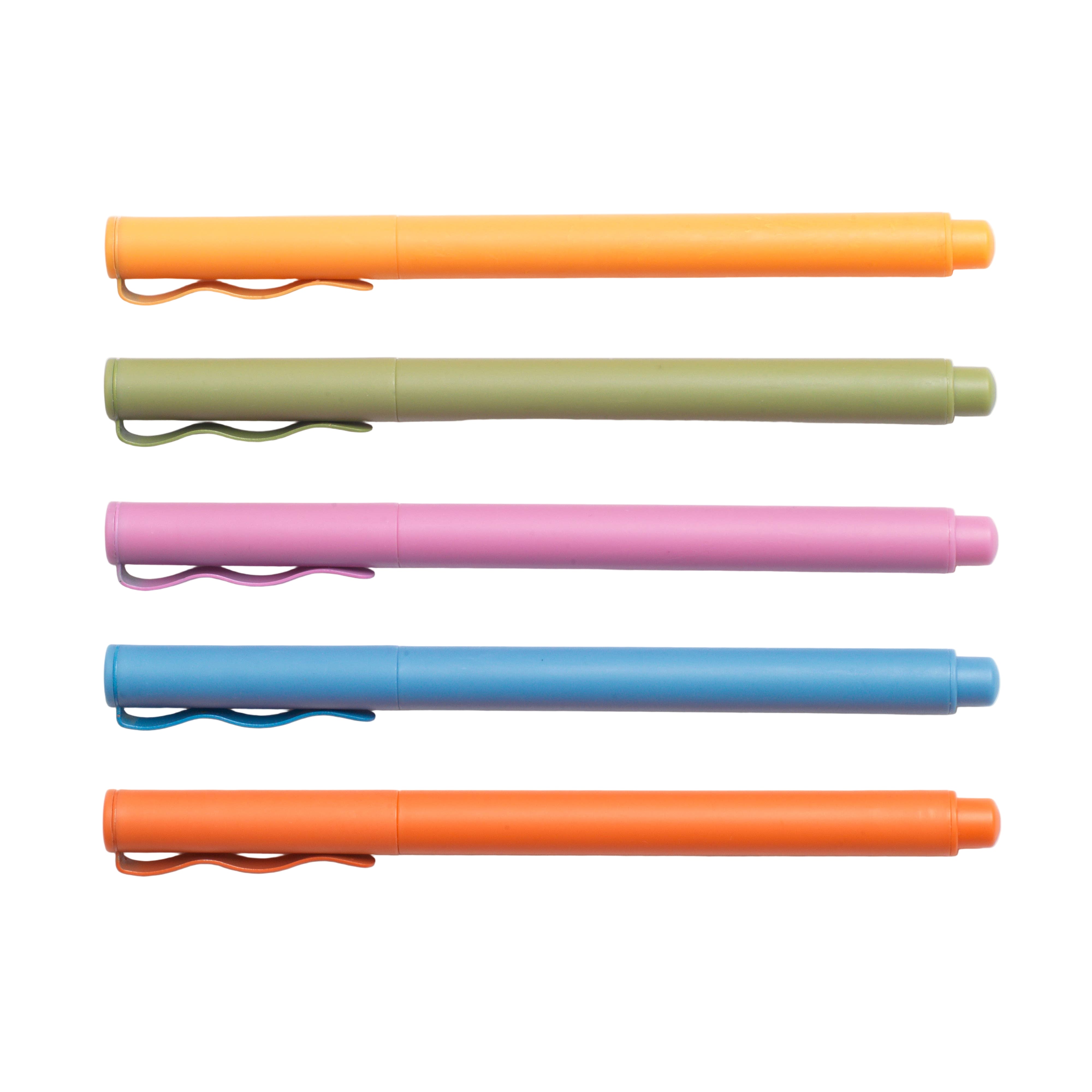 Set of 5 bold and vibrant fine line pens, in pink, yellow, green, blue and orange colors. Perfect for stationary and journaling.
