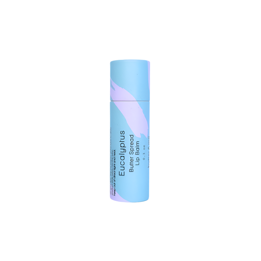 Eucalyptus lip balm in biodegradable tube, infused with natural butters for nourished and hydrated lips