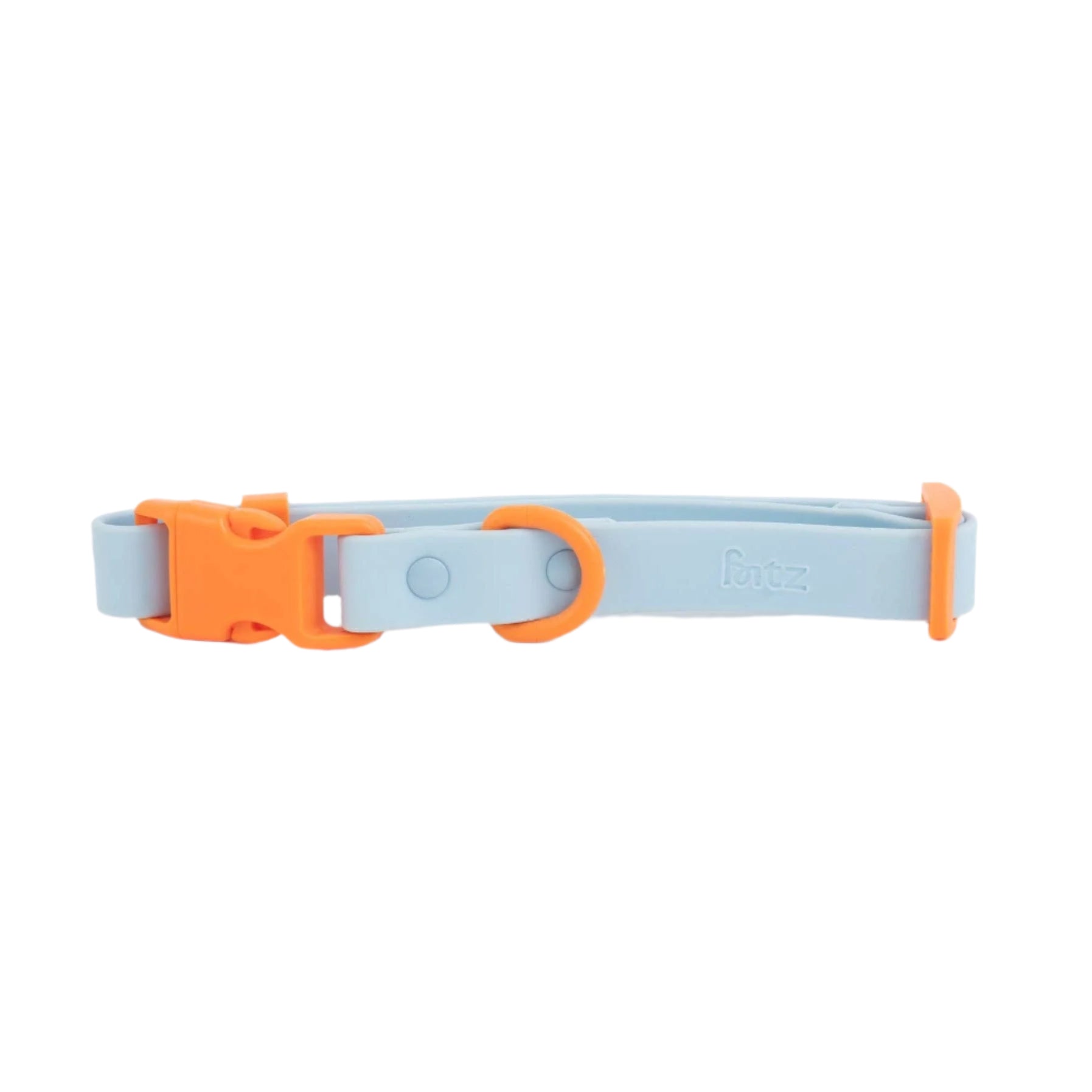 Baby blue waterproof dog collar with orange accents, adjustable fit for small breeds, durable buckle for secure everyday wear