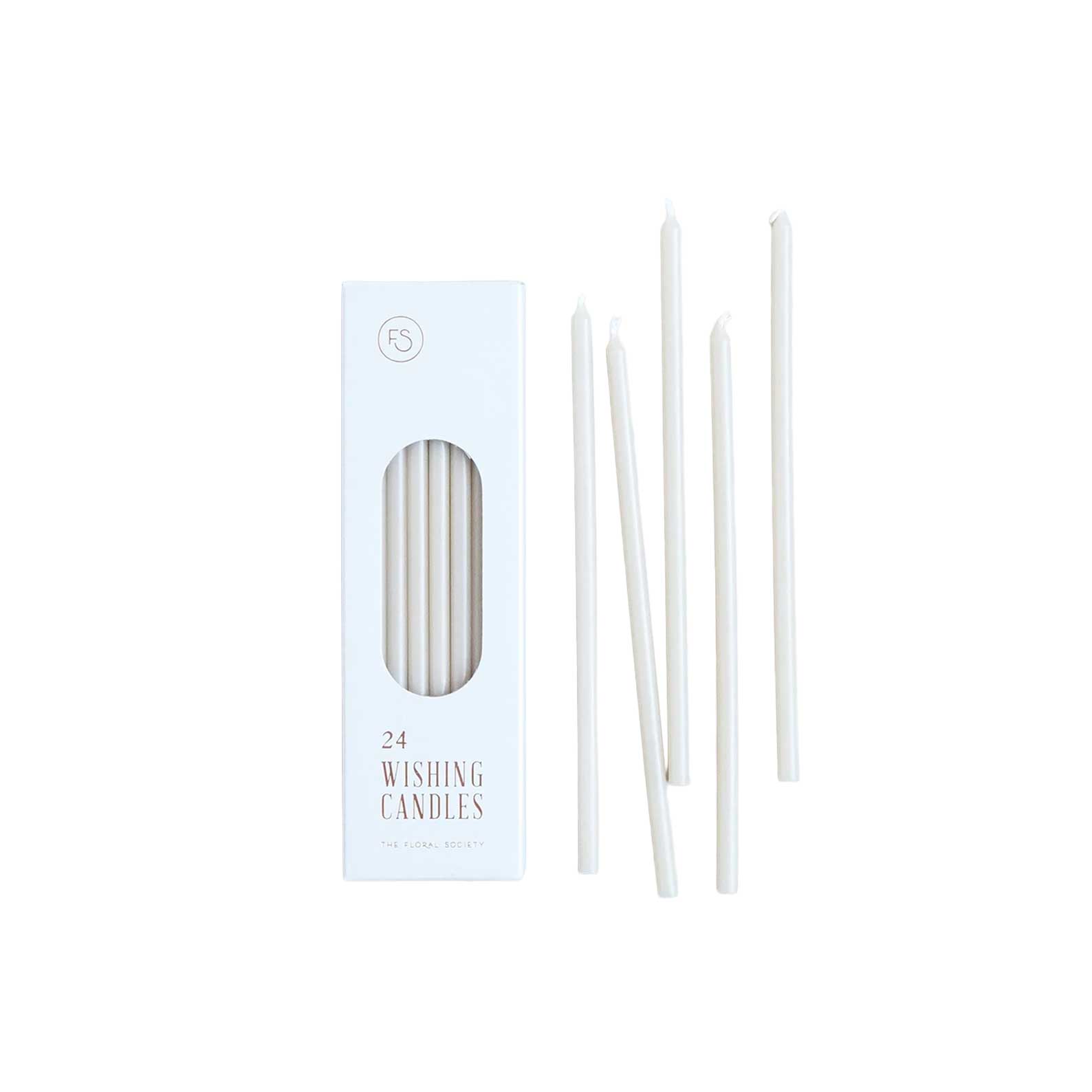 Set of 24 slim 6-inch wishing candles in parchment white, 45-min burn time, perfect for birthdays or weddings.