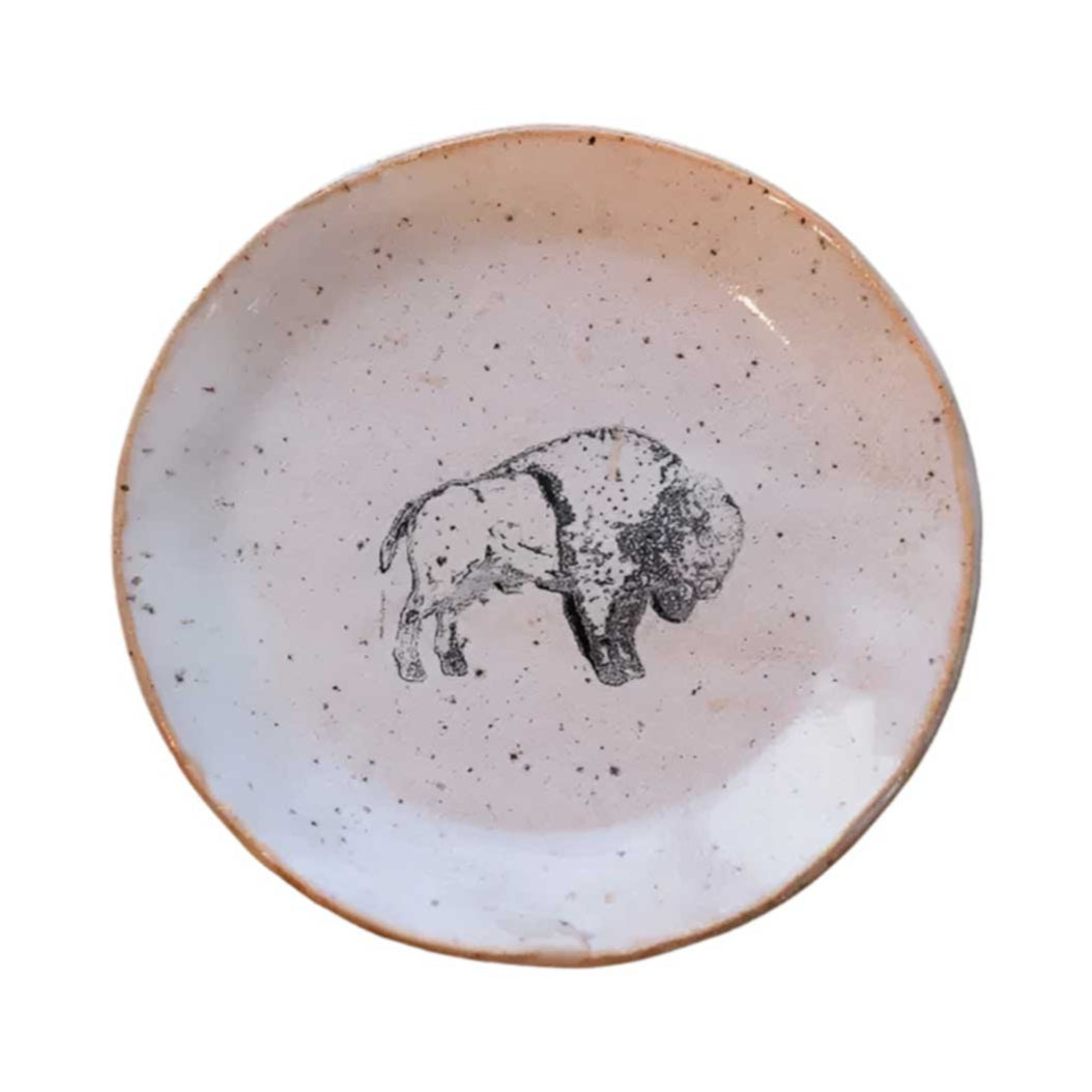 4-inch handcrafted stoneware mini plate with bold buffalo illustration fused into the glaze, rustic and durable décor.