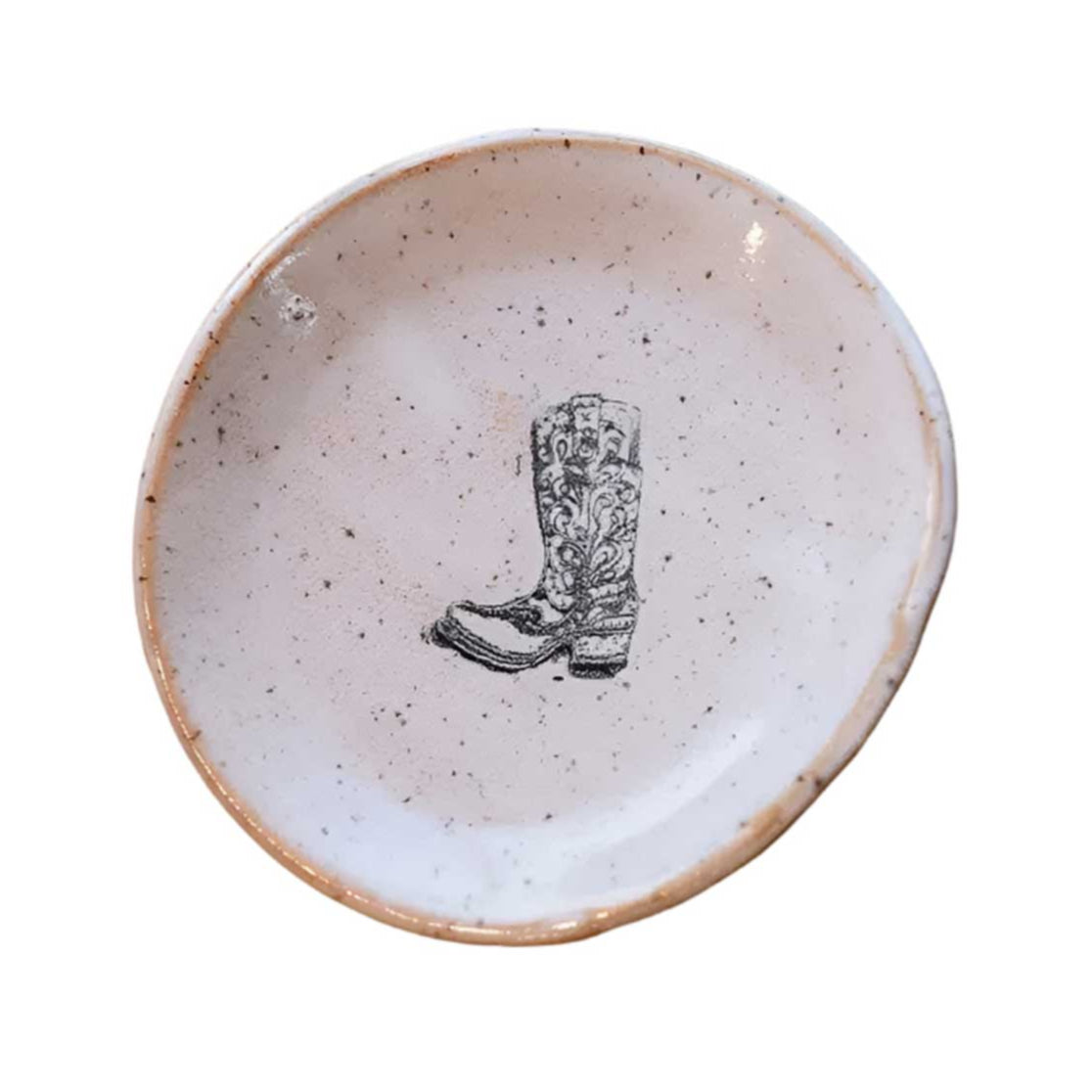 4-inch handcrafted stoneware mini plate with cowboy boot design, perfect as a catchall dish or rustic western décor.
