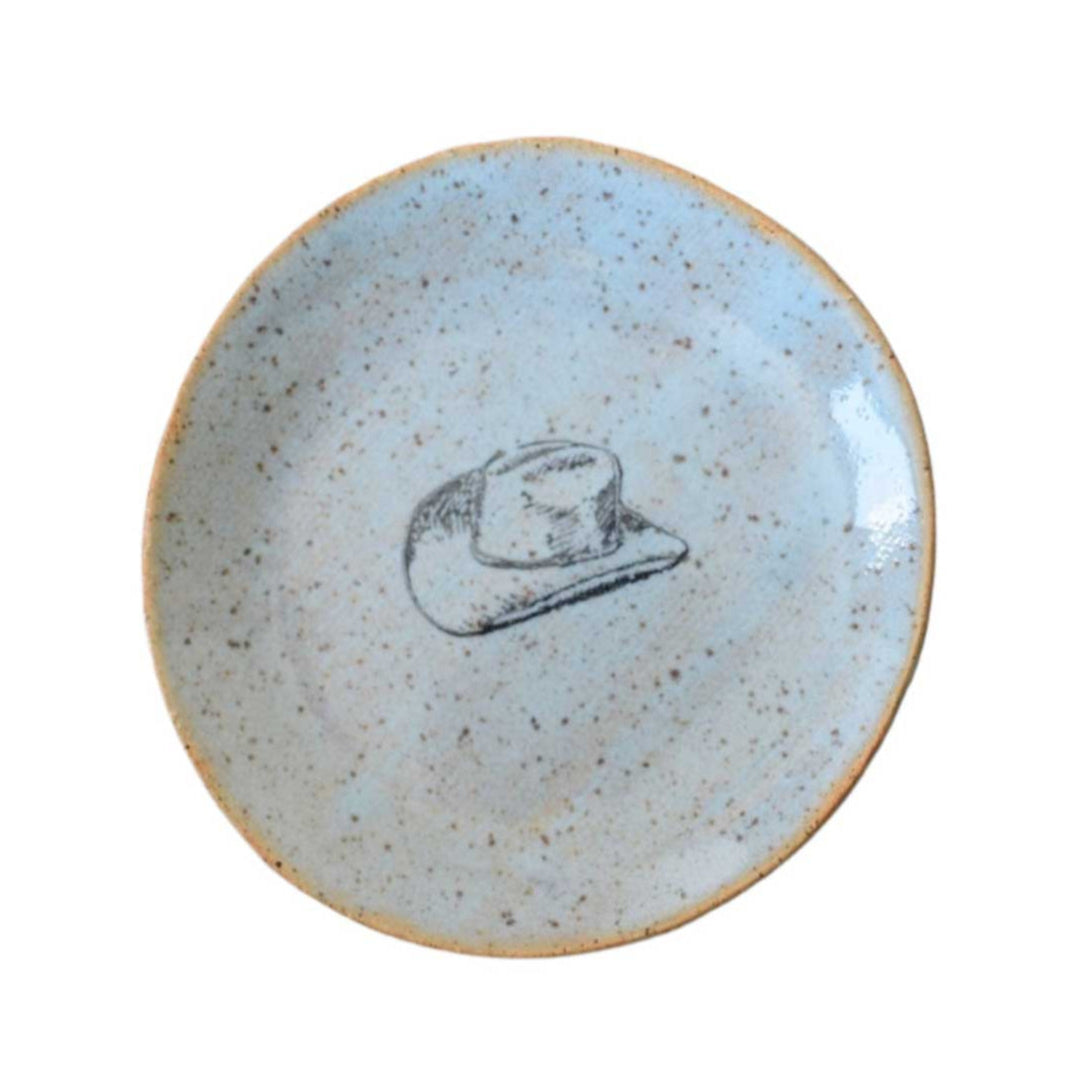 4-inch handcrafted stoneware mini plate with cowboy hat illustration, ideal for western décor, jewelry, or keys.