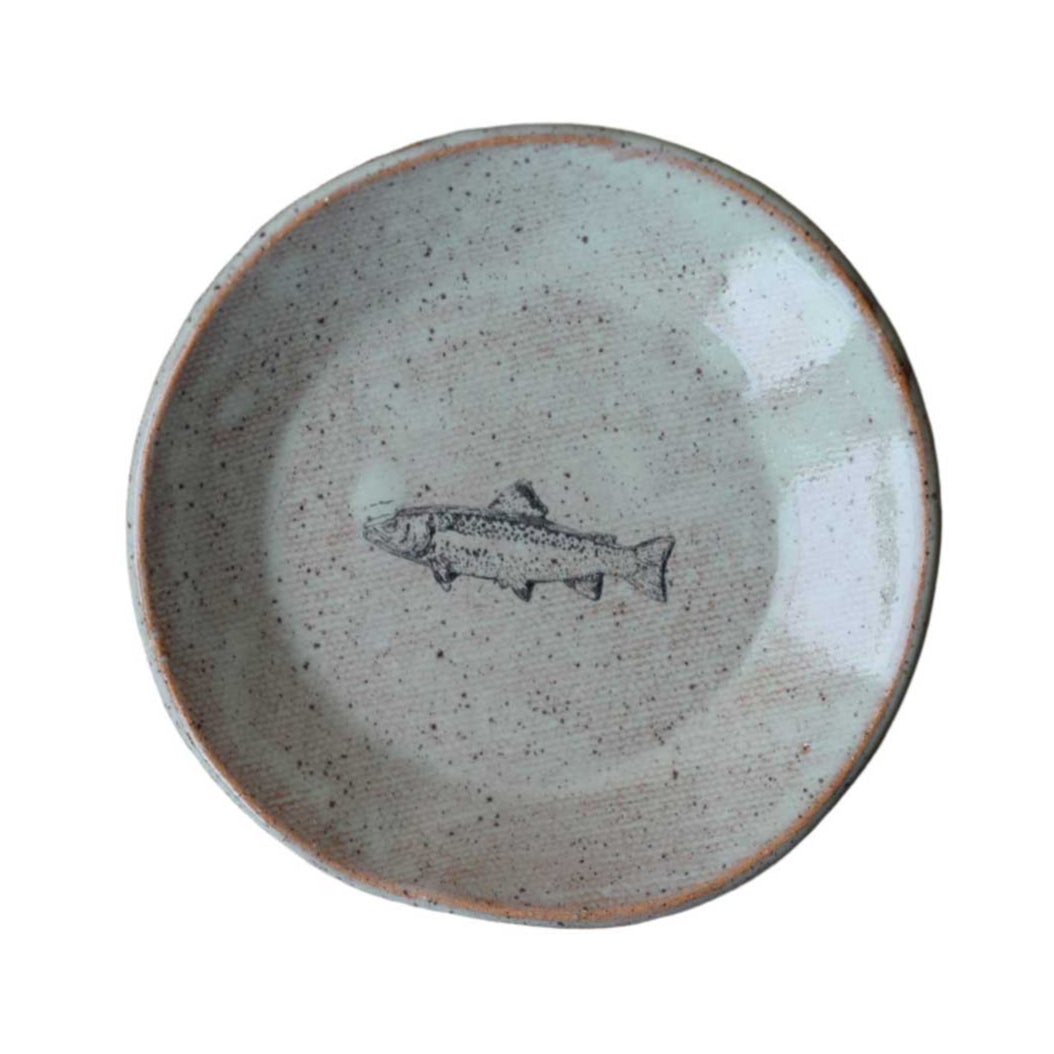 4-inch handcrafted stoneware mini plate with a trout/fish illustration, ideal for trinkets.