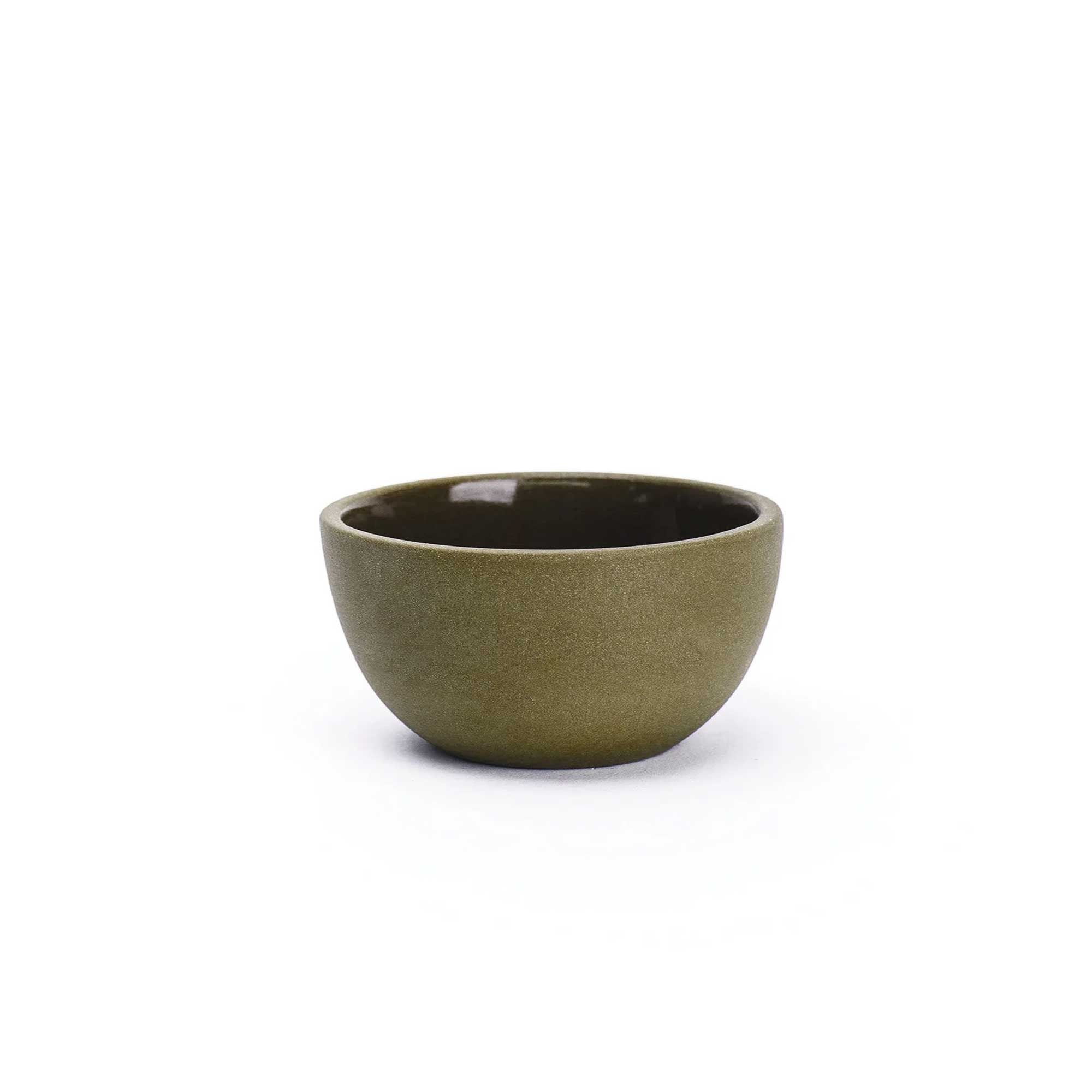 Small handmade ceramic bowl 4x4.25 with green matte speckled finish and glazed interior, great for chips, pretzels or sweet treats.