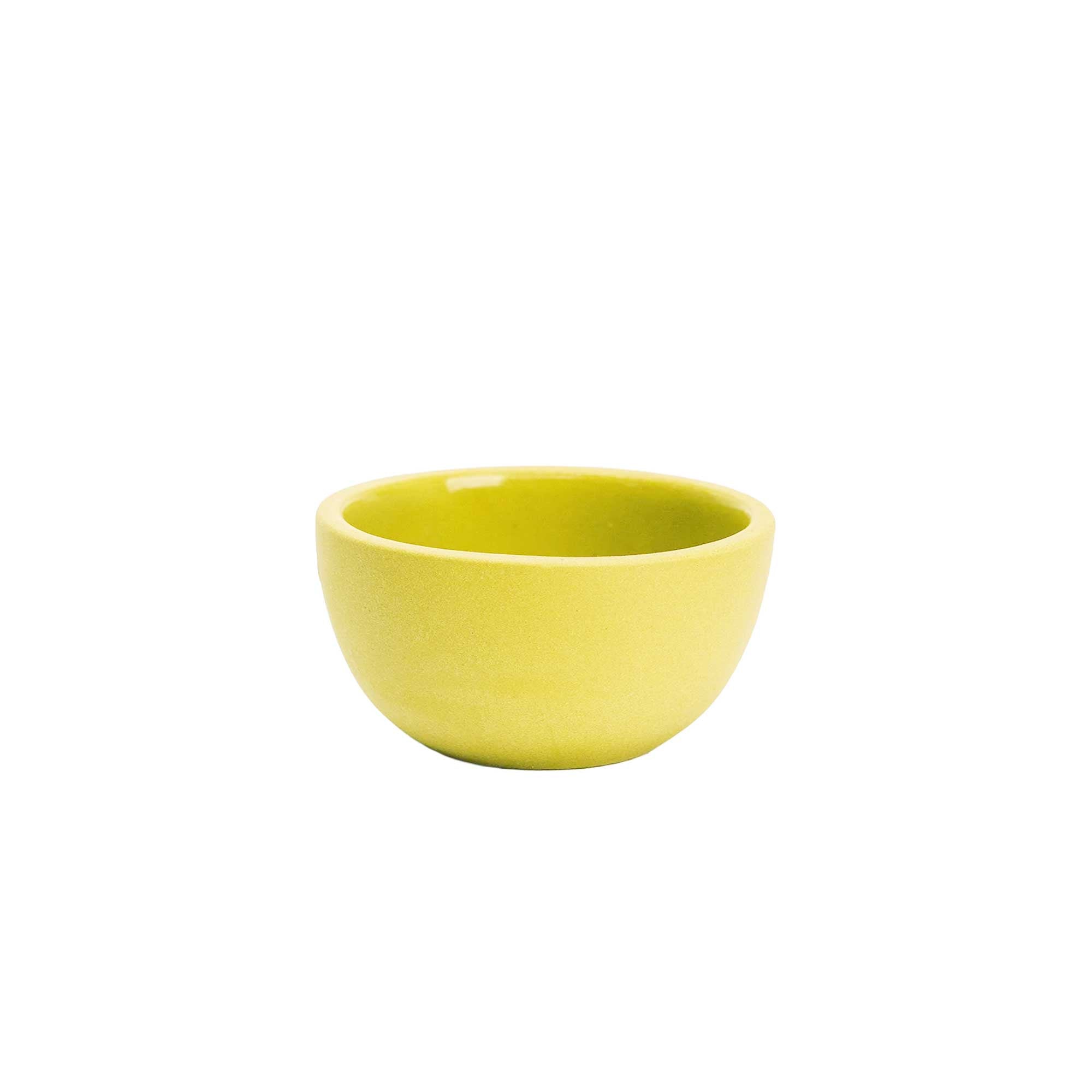 Small handmade ceramic bowl 4x4.25 with yellow matte speckled finish and glazed interior, great for chips and dips
