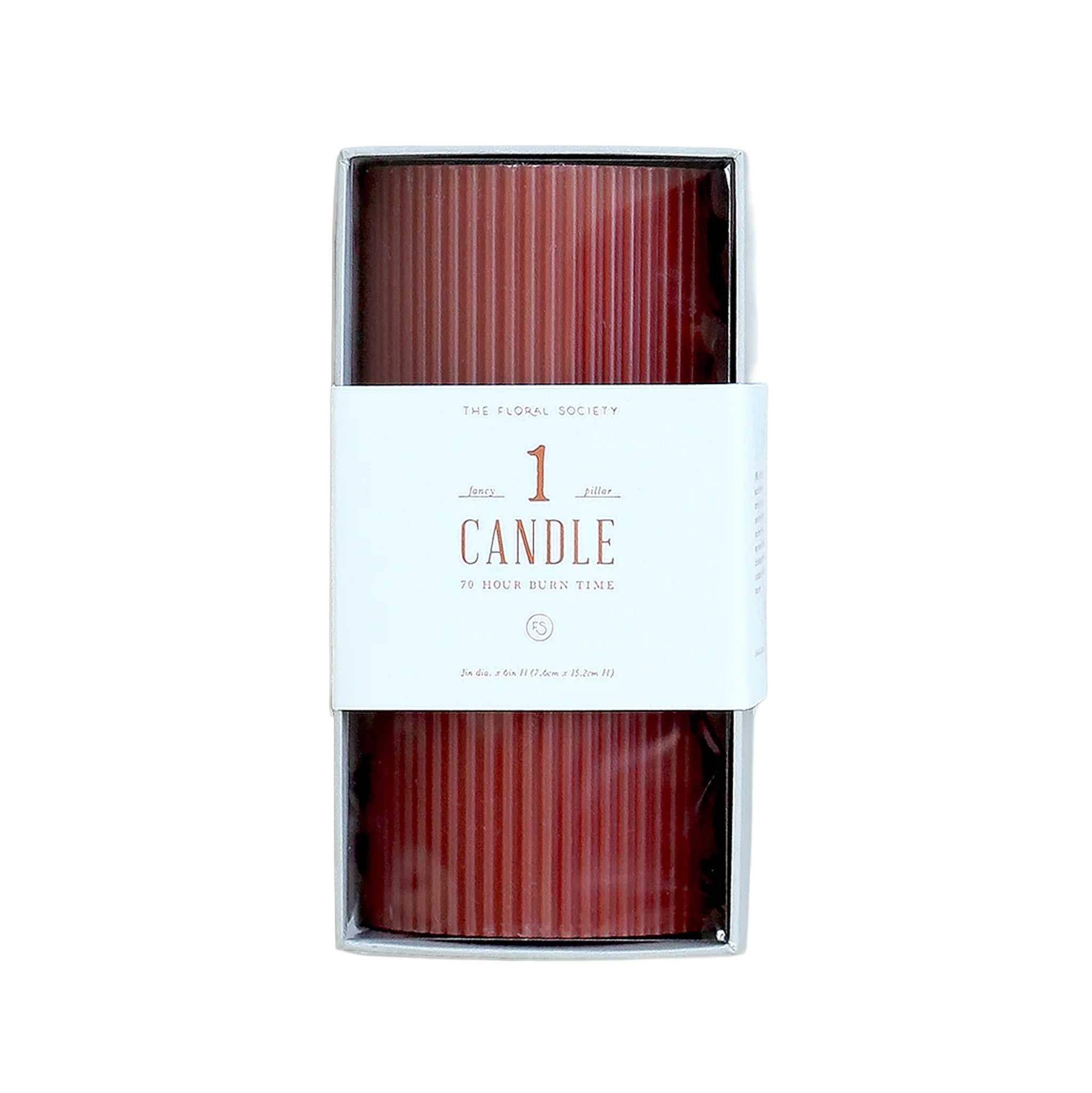 3" x 6" tall, rich Clay color ribbed pillar candle with modern textured design, 70-hour burn time, perfect for cozy ambiance or décor.
