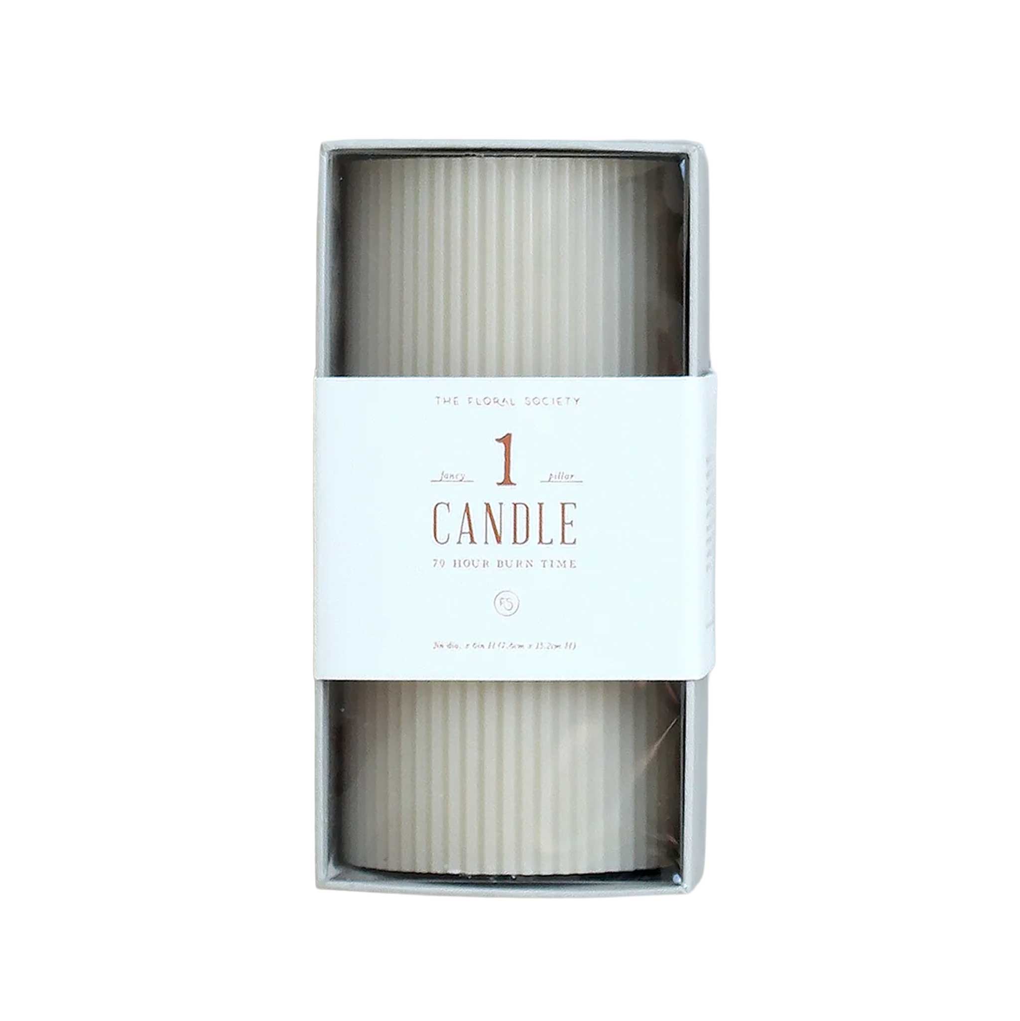 3" x 6" tall, Partchment ribbed pillar candle with modern textured design, 70-hour burn time, perfect for cozy ambiance or décor.