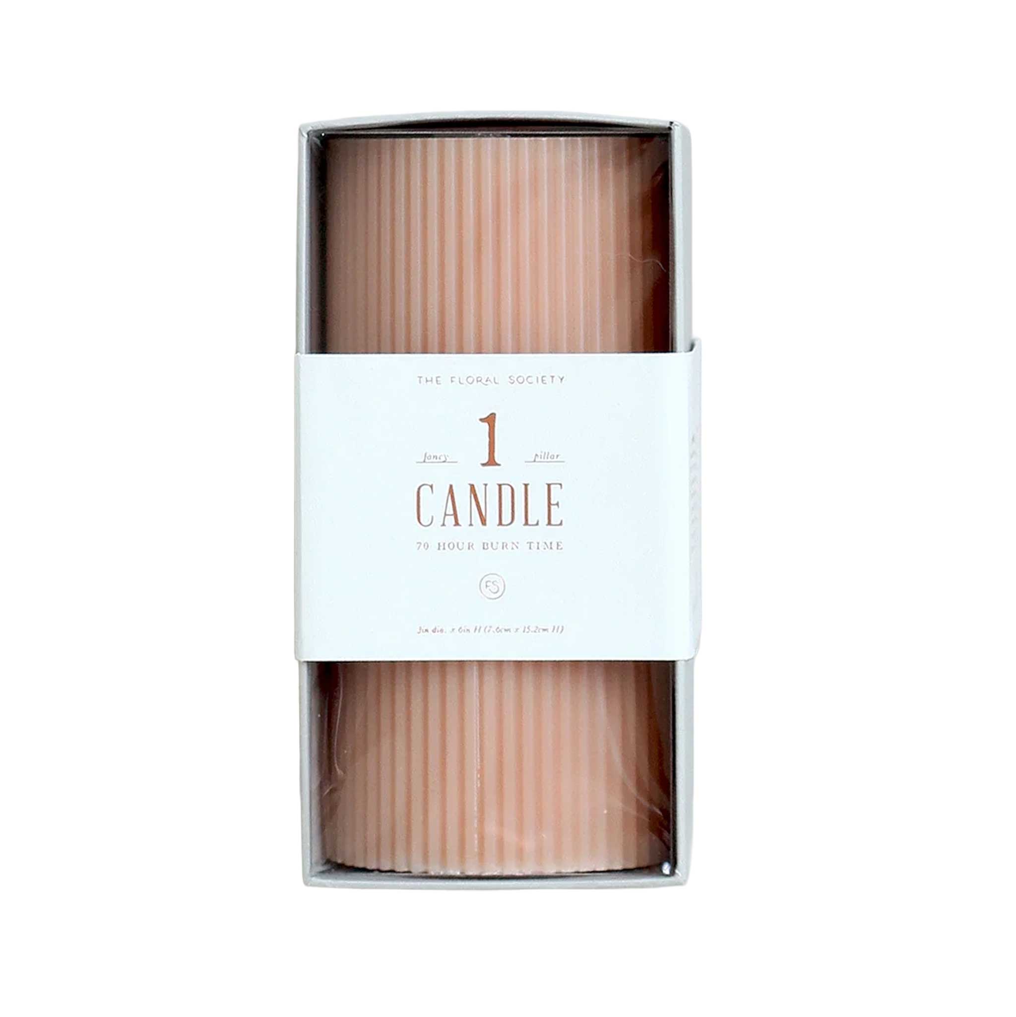 3" x 6" tall, Blush pink ribbed pillar candle with modern textured design, 70-hour burn time, perfect for cozy ambiance or décor.