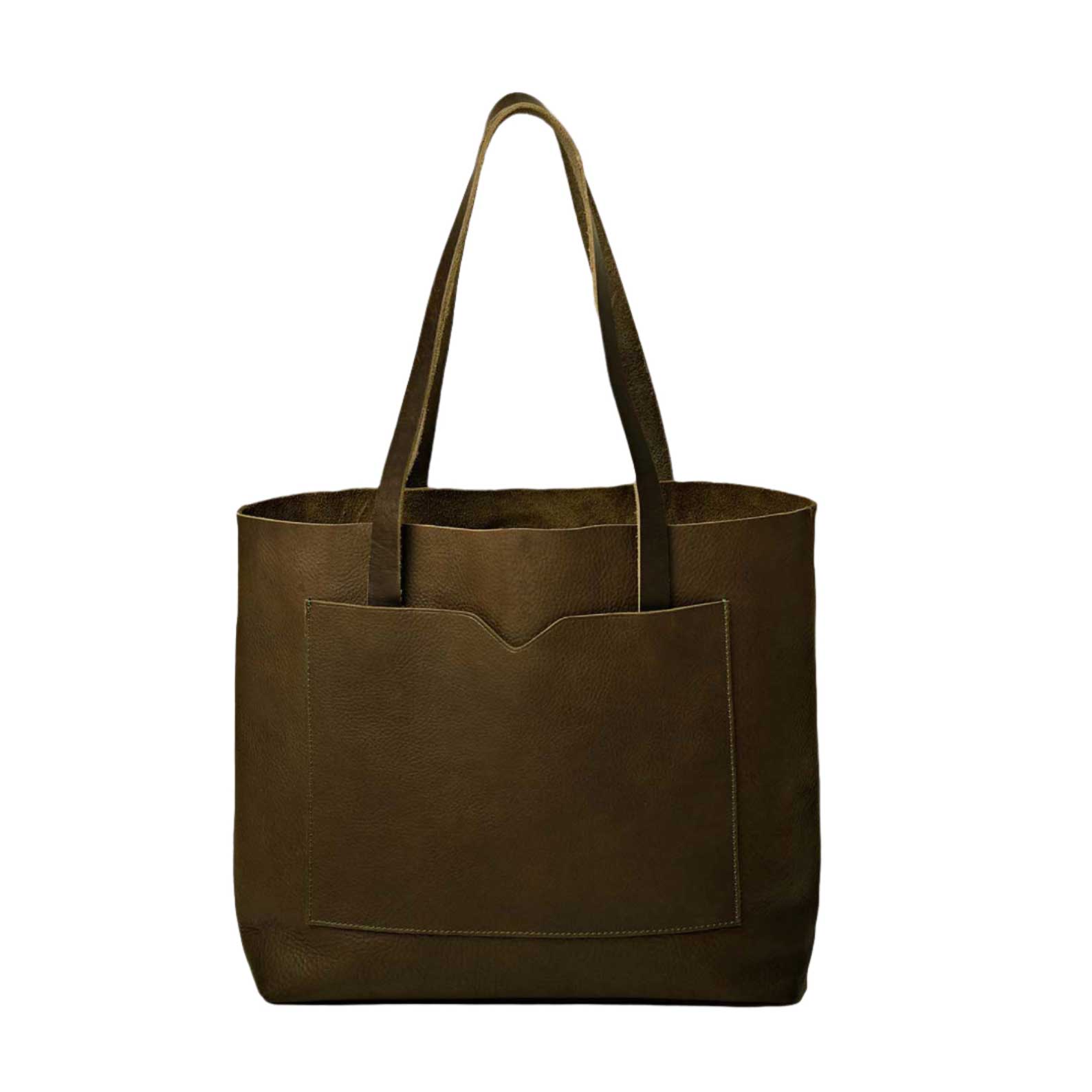 Leather raw edge wide tote bag in olive green, artisanal spacious design with sturdy handles for work, travel, or daily use.