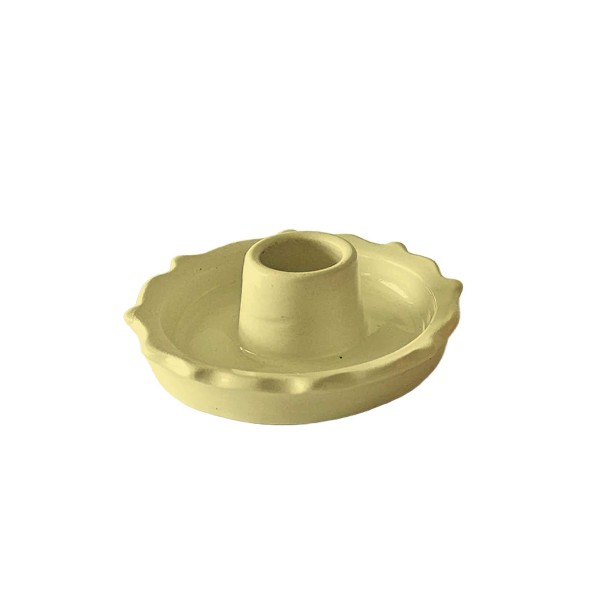 Handmade ceramic taper candle holder with glossy butter glaze, scalloped rim, fits standard 7/8” taper candles.