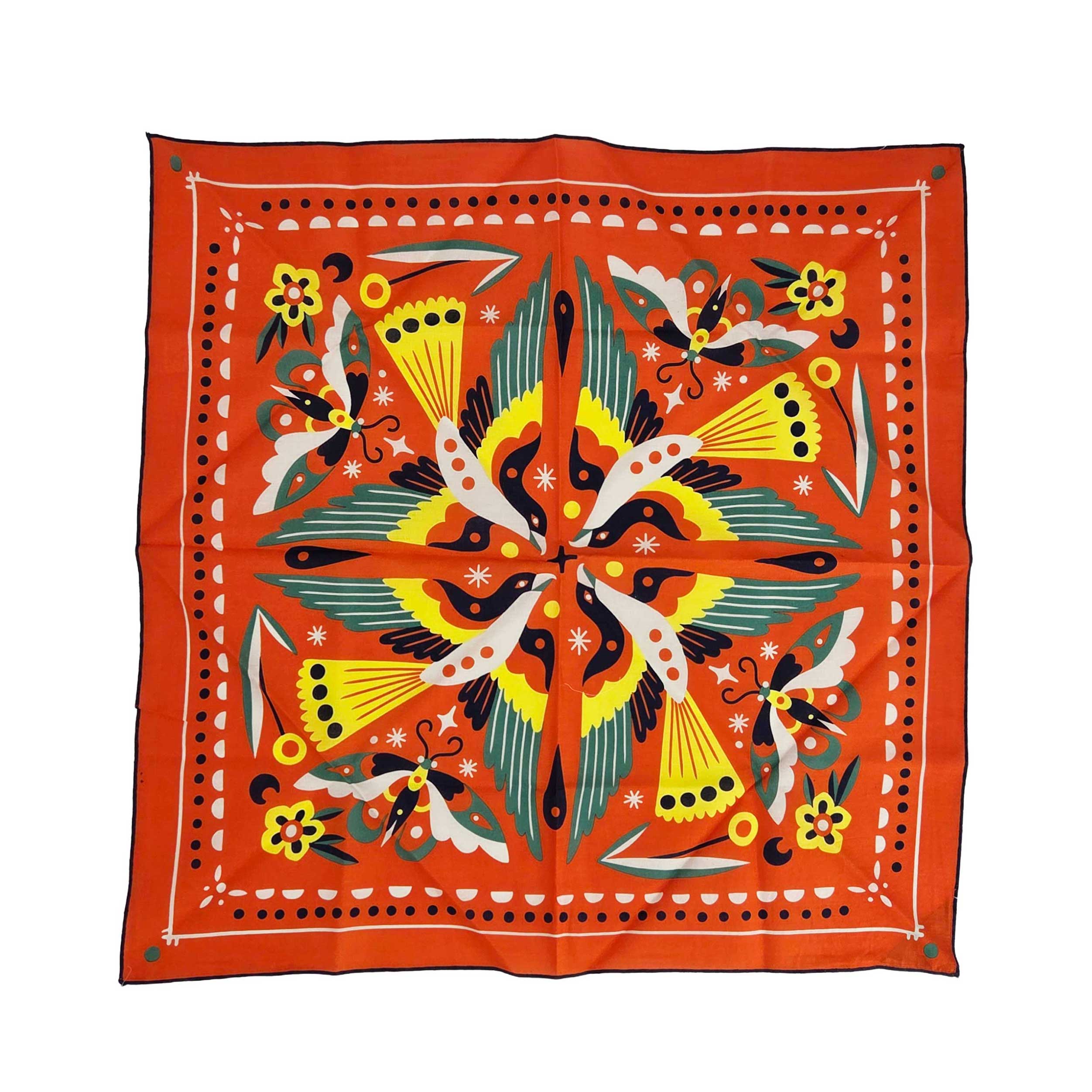 Multi-color square bandana with vibrant coastal design featuring hawks and butterflies in flight.