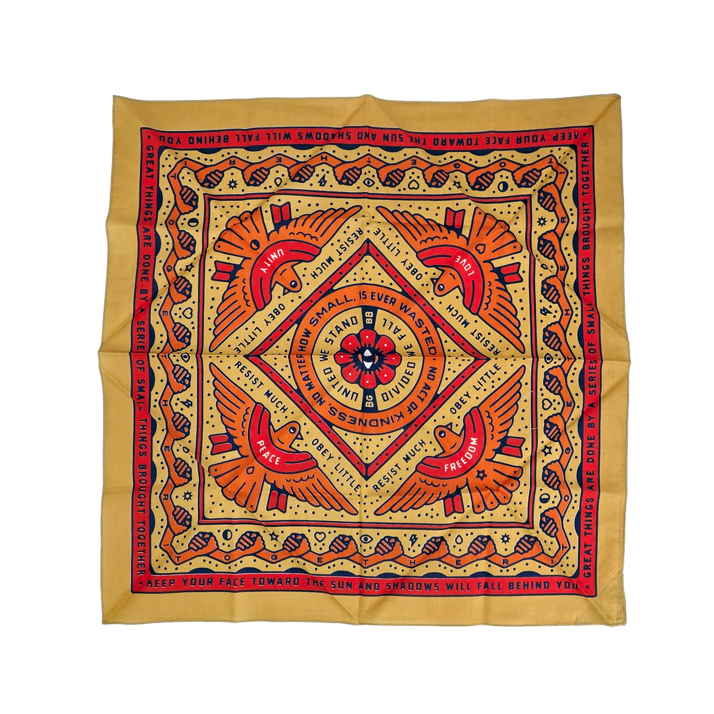 Multi-color square bandana with New Mexico theme, framed by interlocked hands and peace doves carrying positive banners