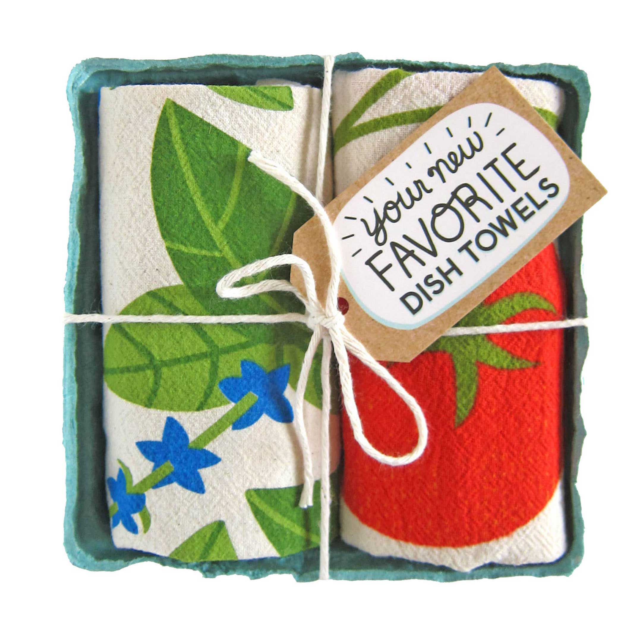 Pair of cotton tea towels with vibrant basil leaves and juicy tomato prints, eco-friendly, packed in a produce-style container. Cute addition to any kitchen