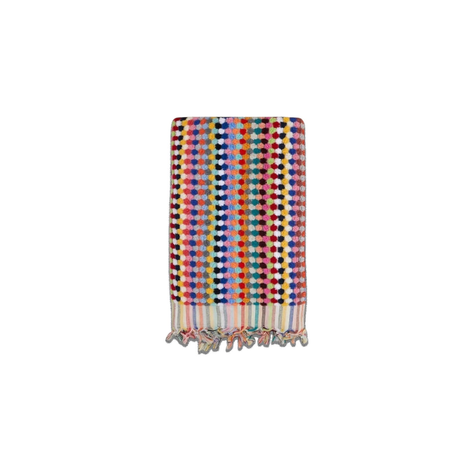 Hand-loomed Turkish cotton hand towel with multicolor stripes and pom pom fringe, lightweight and absorbent.