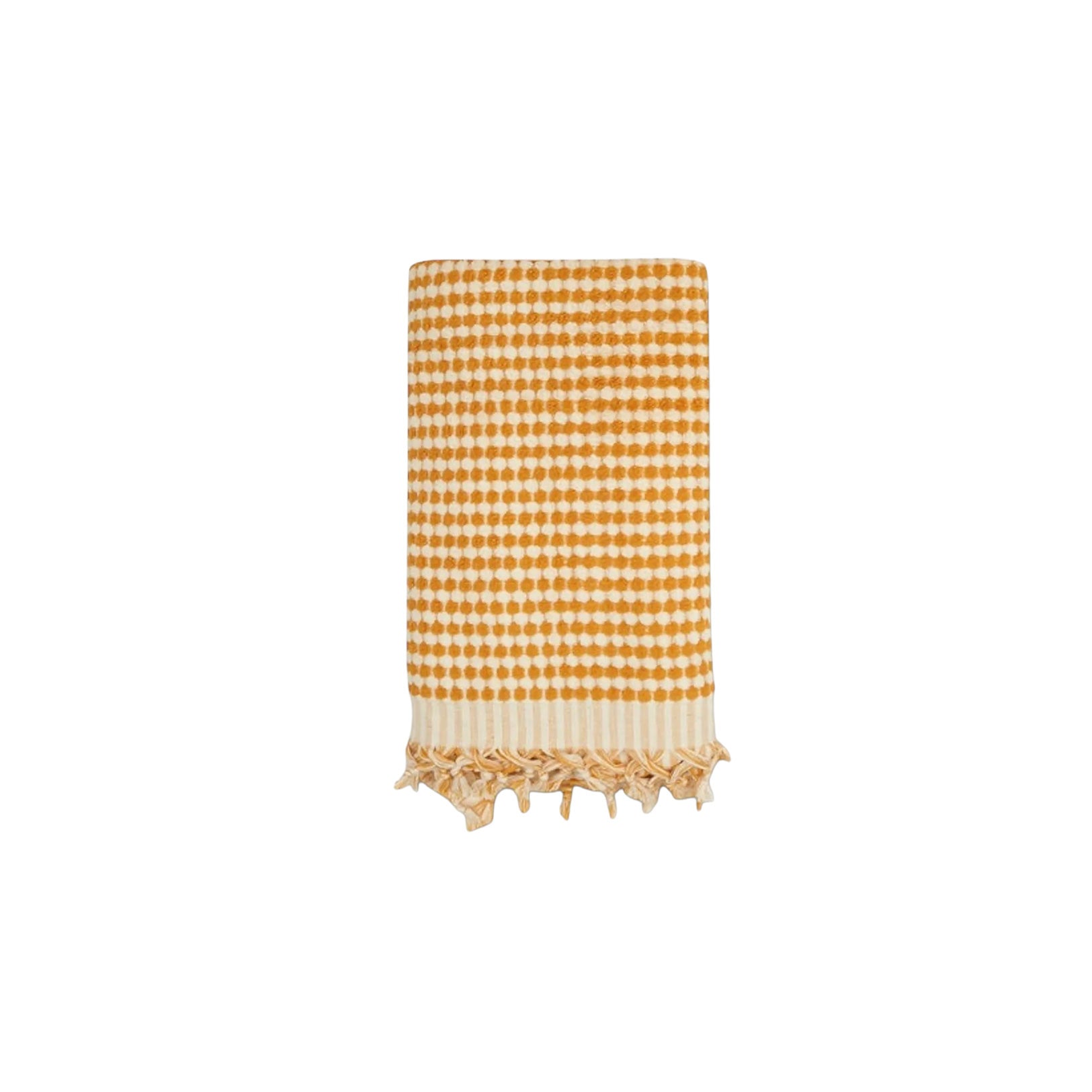 Mustard yellow and white Turkish cotton hand towel with pom pom fringe, perfect for kitchen or bath décor.