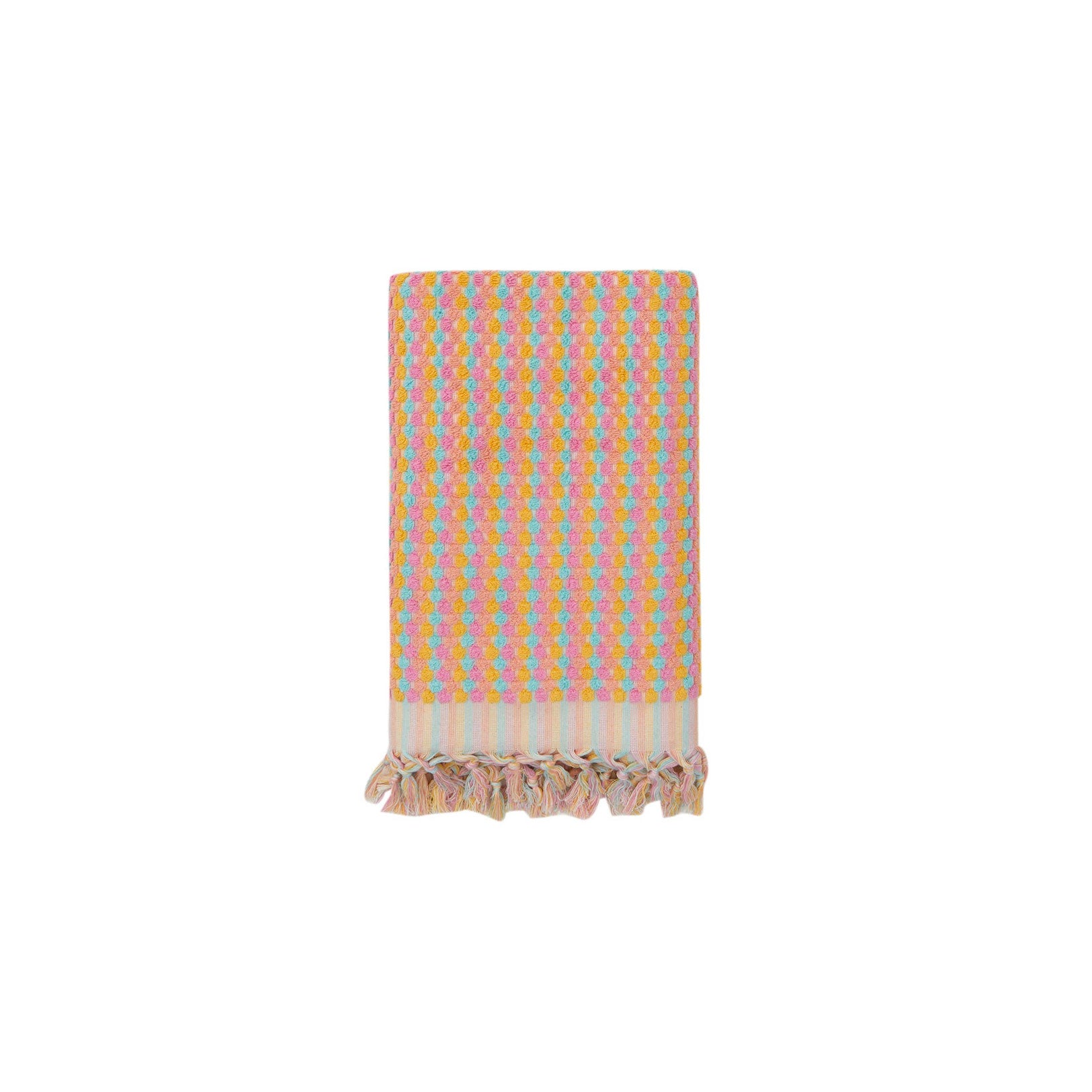 Fun pink and orange Turkish cotton hand towel with pom pom fringe, perfect for kitchen or bath décor.