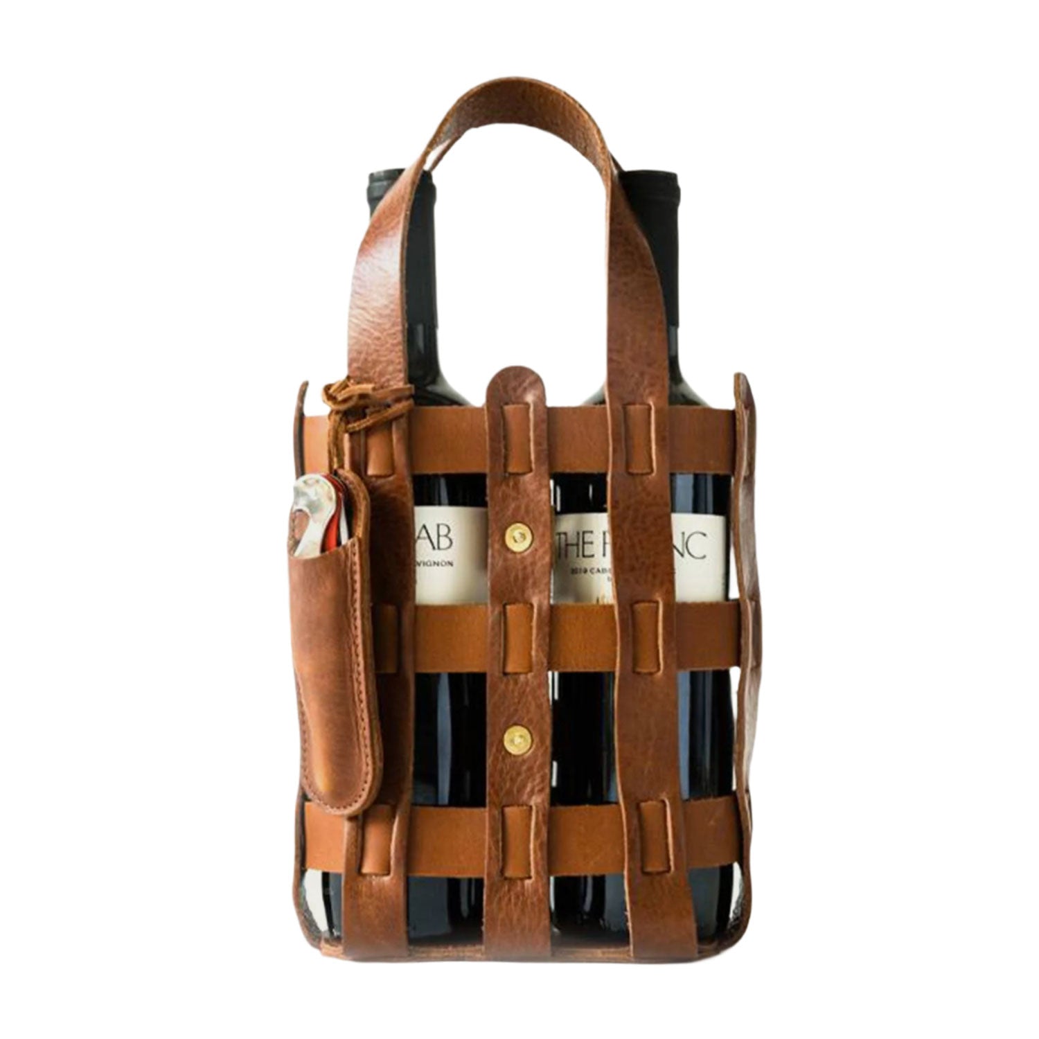 Tan leather wine tote bag with sturdy handles, holds two bottles and an opener, perfect for picnics or dinner parties.