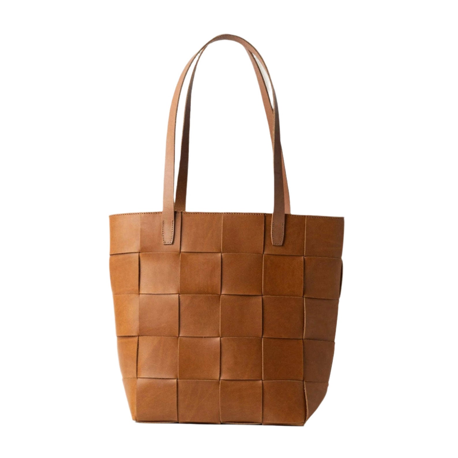 Woven leather tote bag in tan with sturdy handles, handcrafted spacious design for everyday carry, work, or travel.