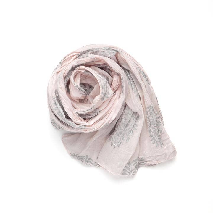 Fair trade made metallic paisley scarf in whisper rose and silver, 20x80 inches, lightweight shimmer for elegant styling.
