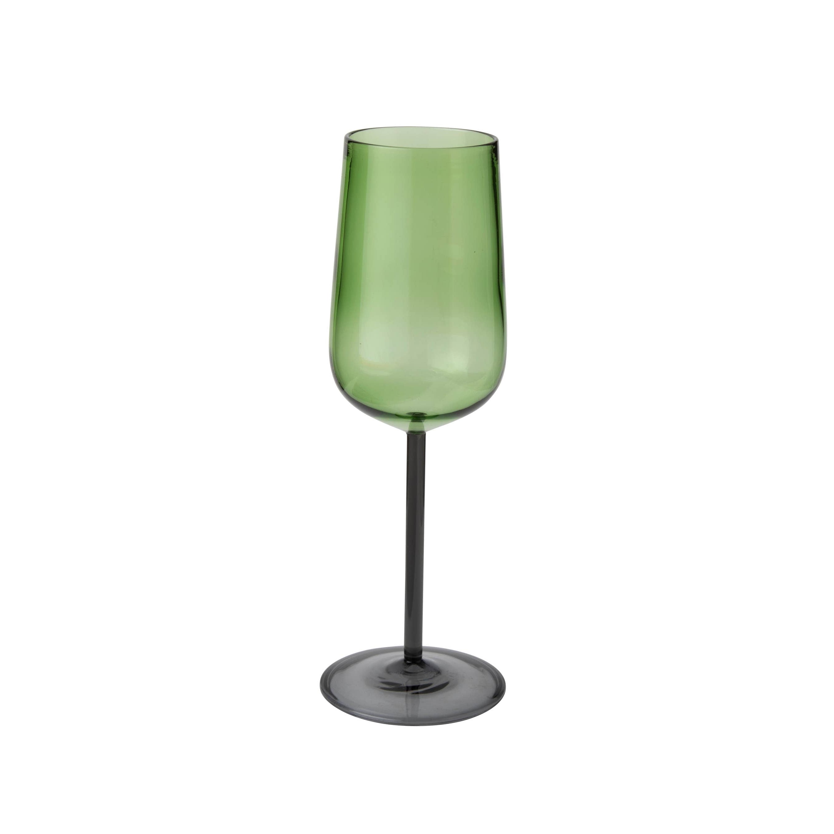 Wine glass in jewel tone green, lightweight hand-blown glass with modern shape, ideal for wine nights or elegant dining.